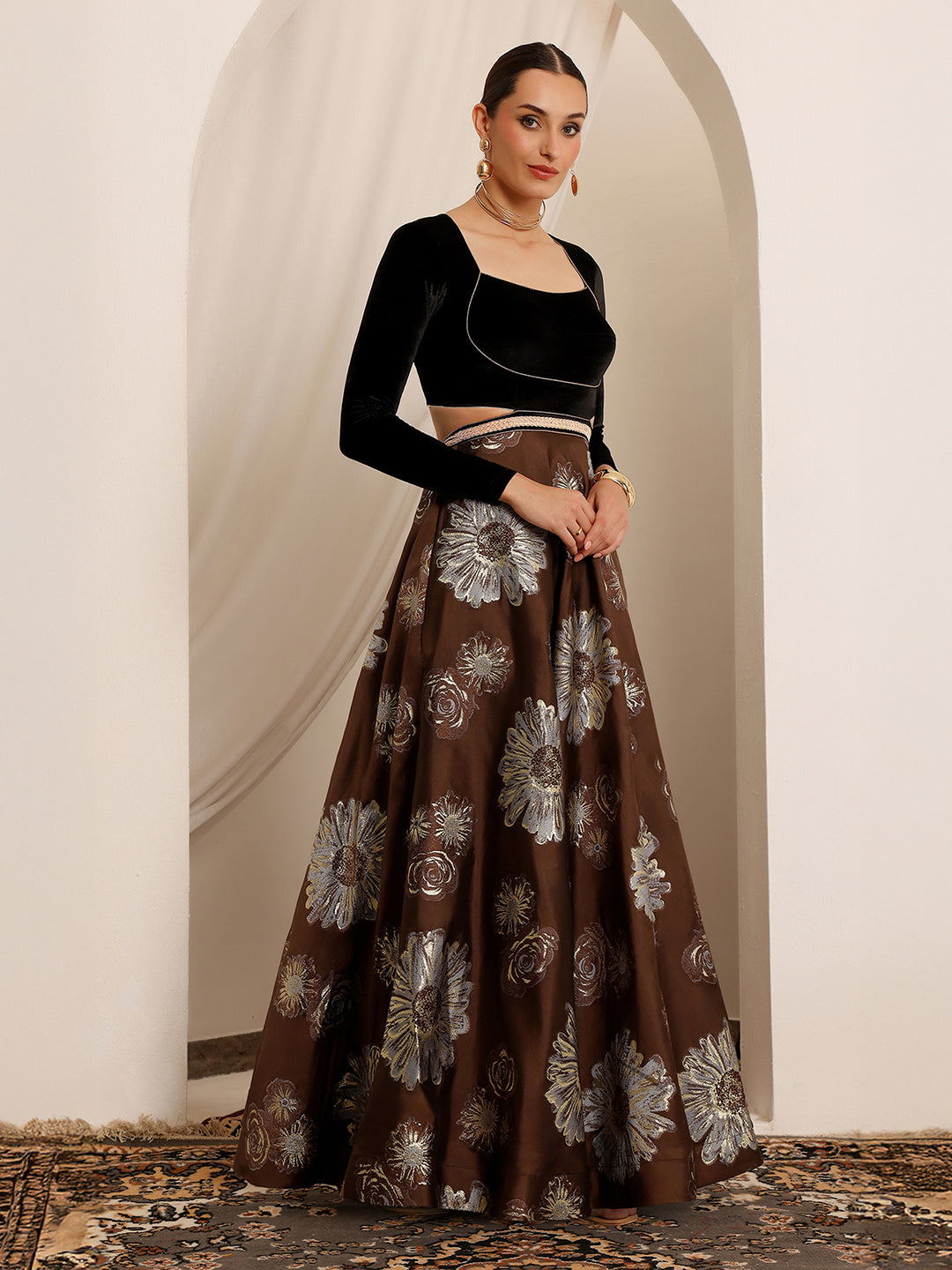 Raas Avi Brown Choli-Cut Floral Cut-Out Maxi Dress