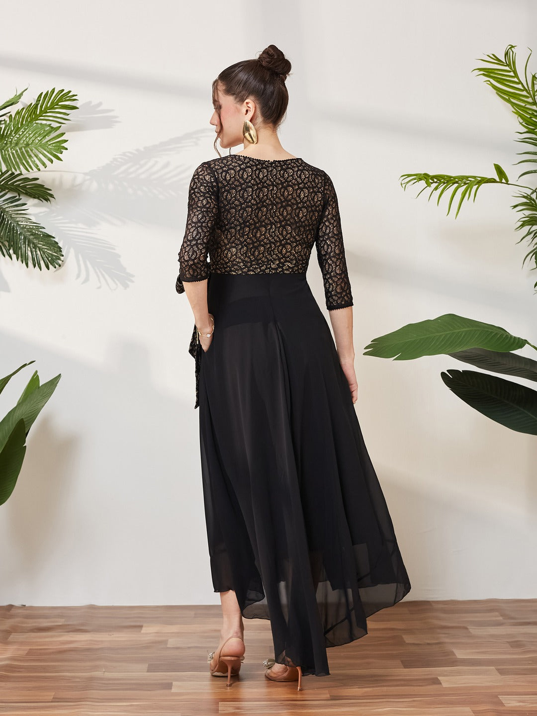 Black Self-Designed Relaxed Fit V-Neck 3/4th Sleeve Georgette And Lace Maxi Dress  for Women
