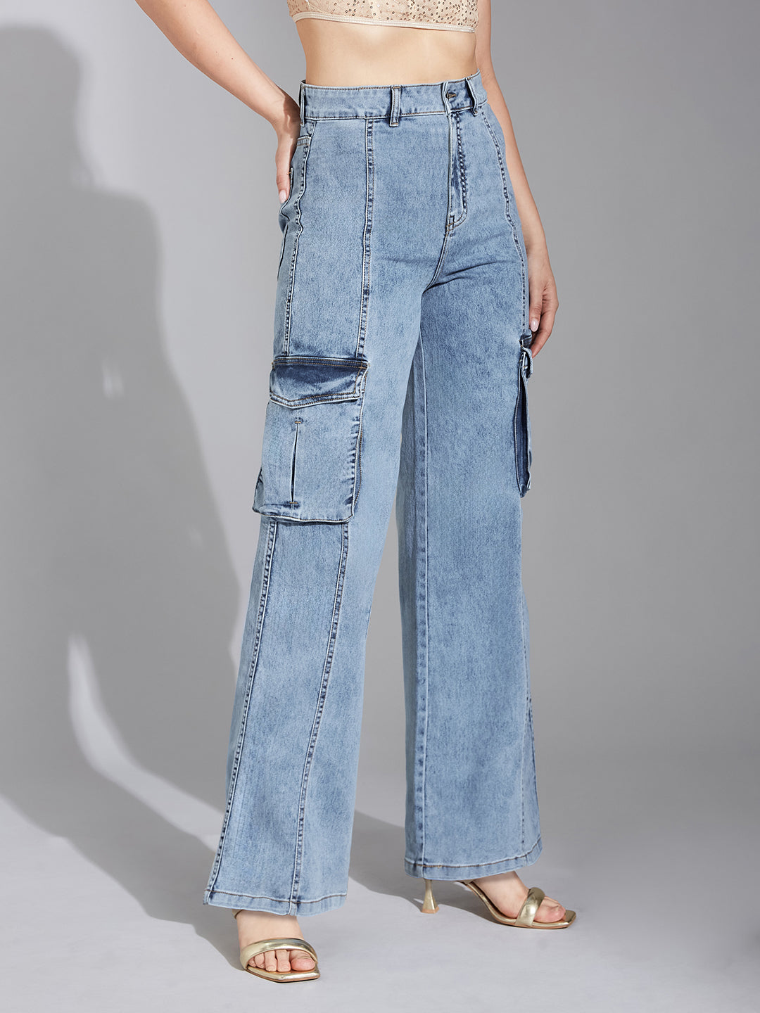 Women's Blue Wide-Leg High-Rise Clean-Look Stretchable Patch-Pocketed Denim Jeans