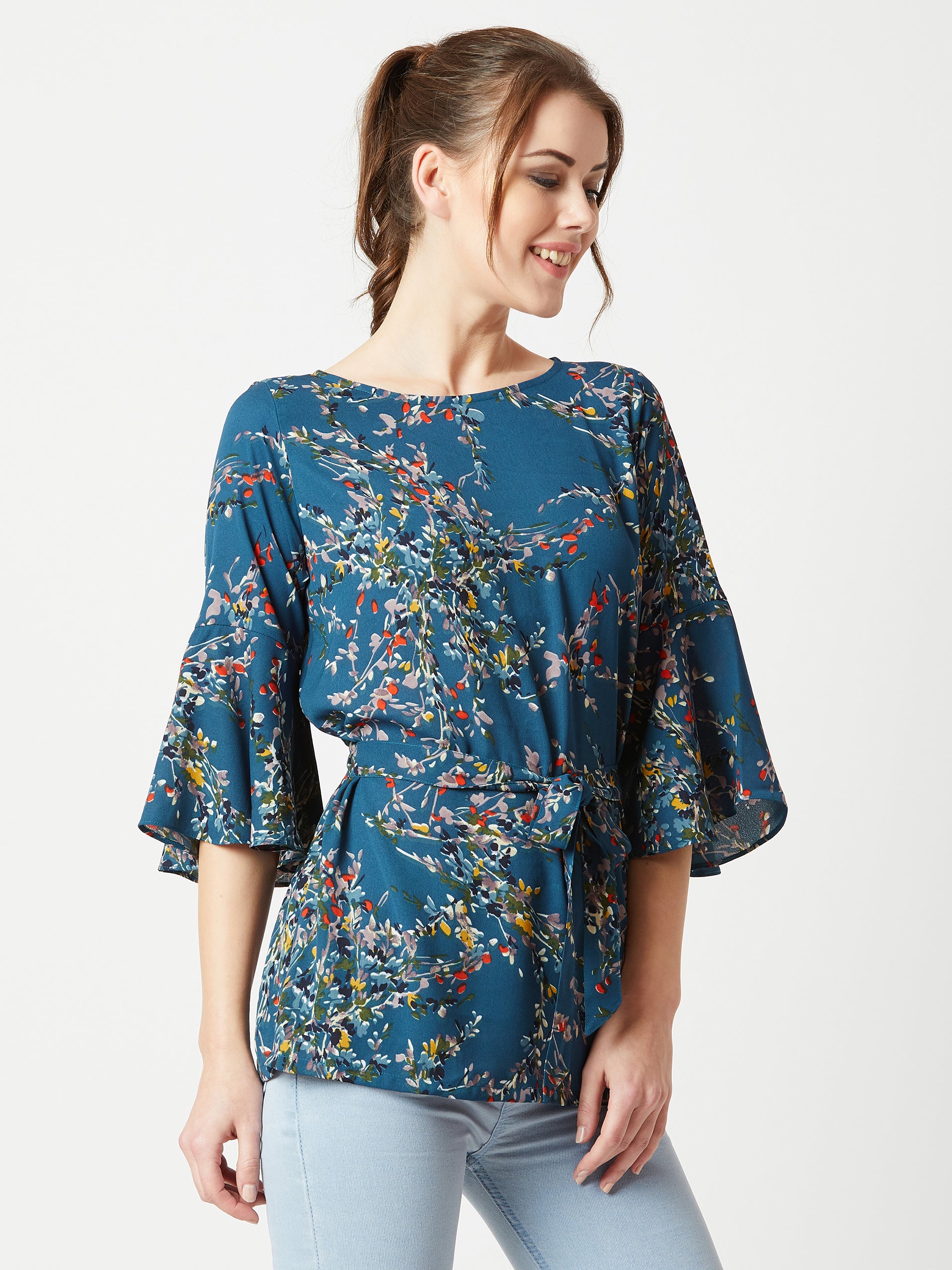 Women's Multicolored With A Turquoise Base Boat Neck Ruffled 3/4 Sleeves Floral Ruffled Long Belted Tie-Up Top