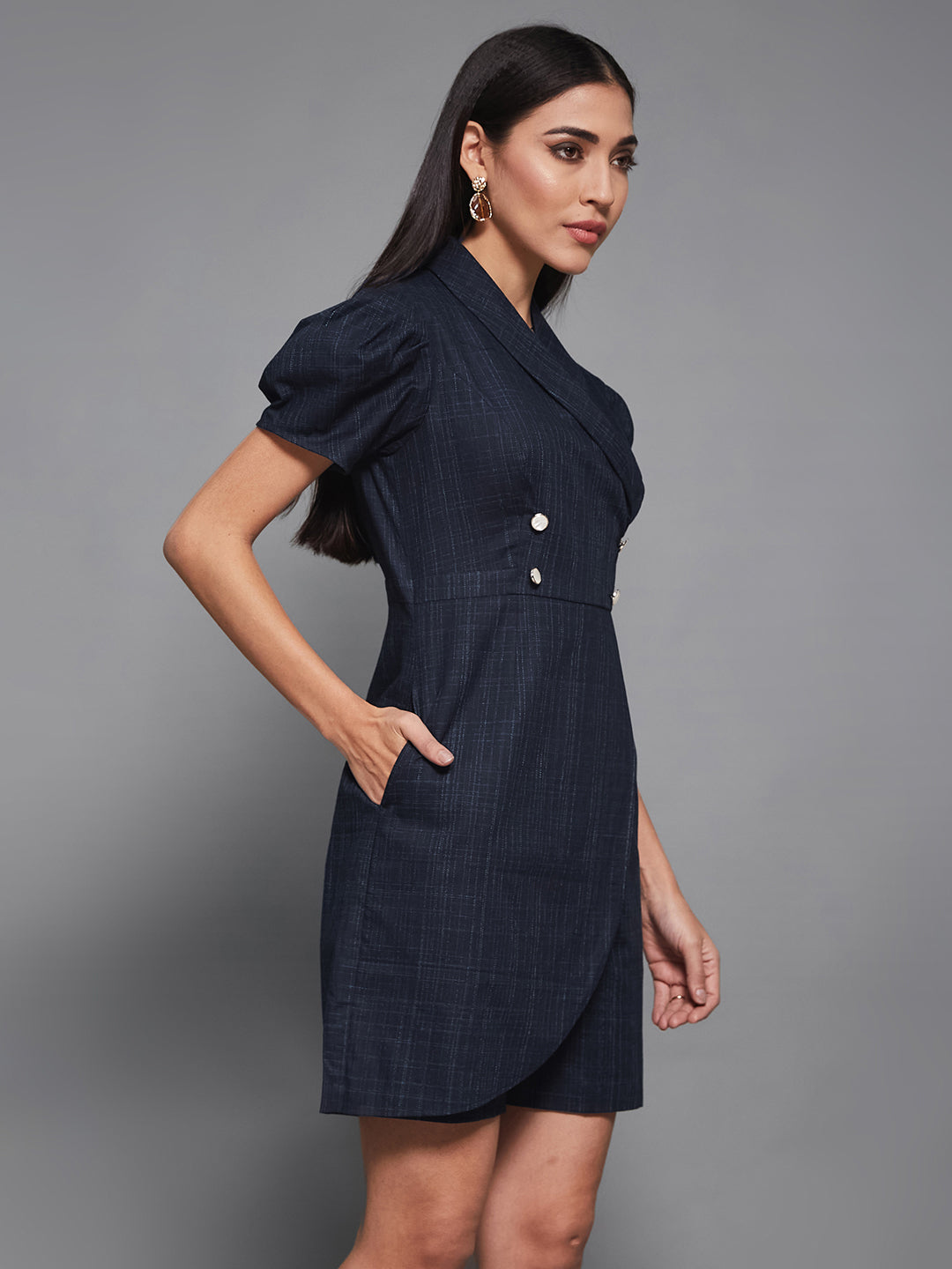 Navy-Blue Shawl-Collar Half-Sleeve Self-Designed Overlapped Knee-Long Playsuit for Women