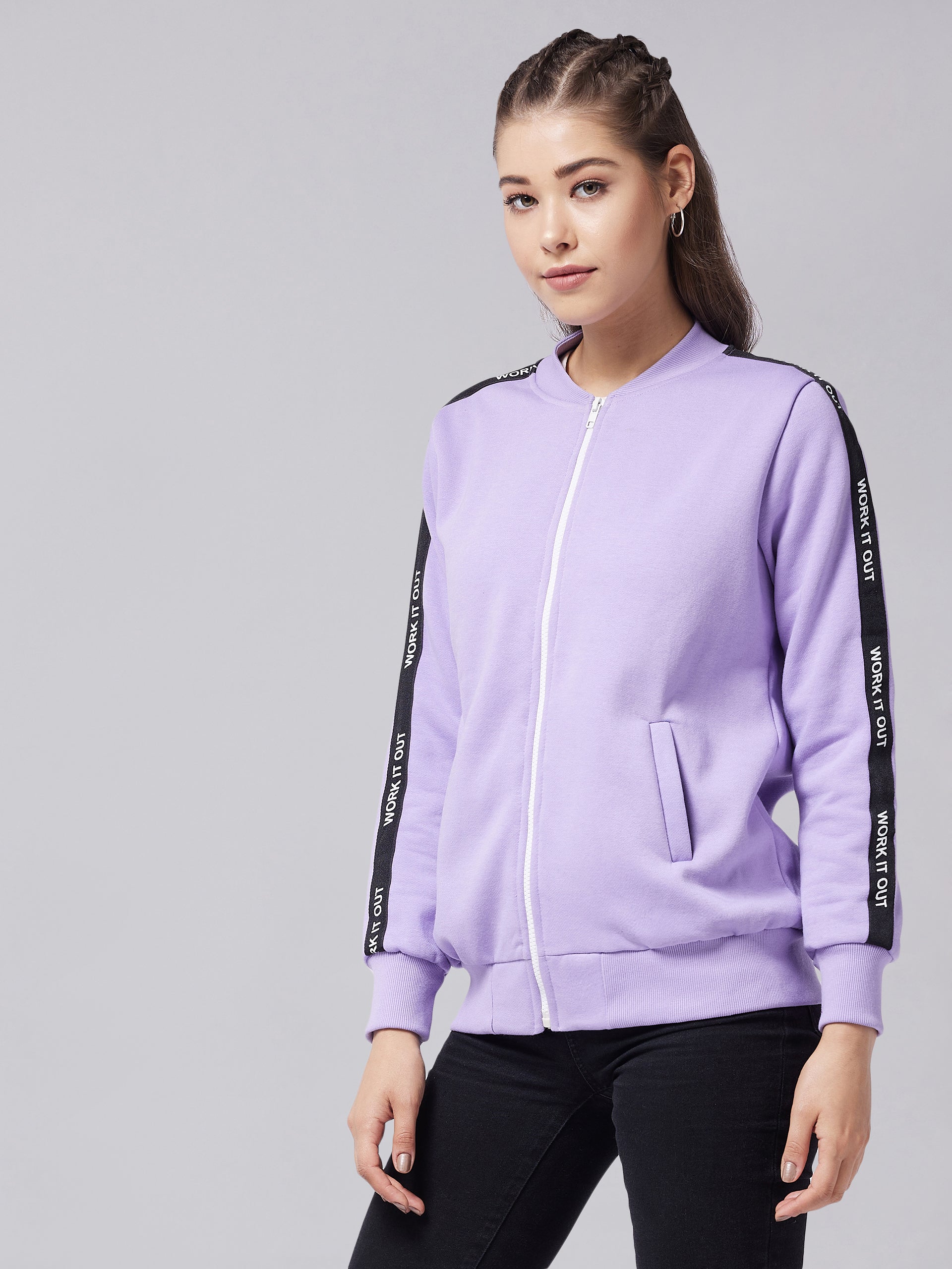 Women's Lavender V Neck Full Sleeves Solid Bomber Regular Jacket