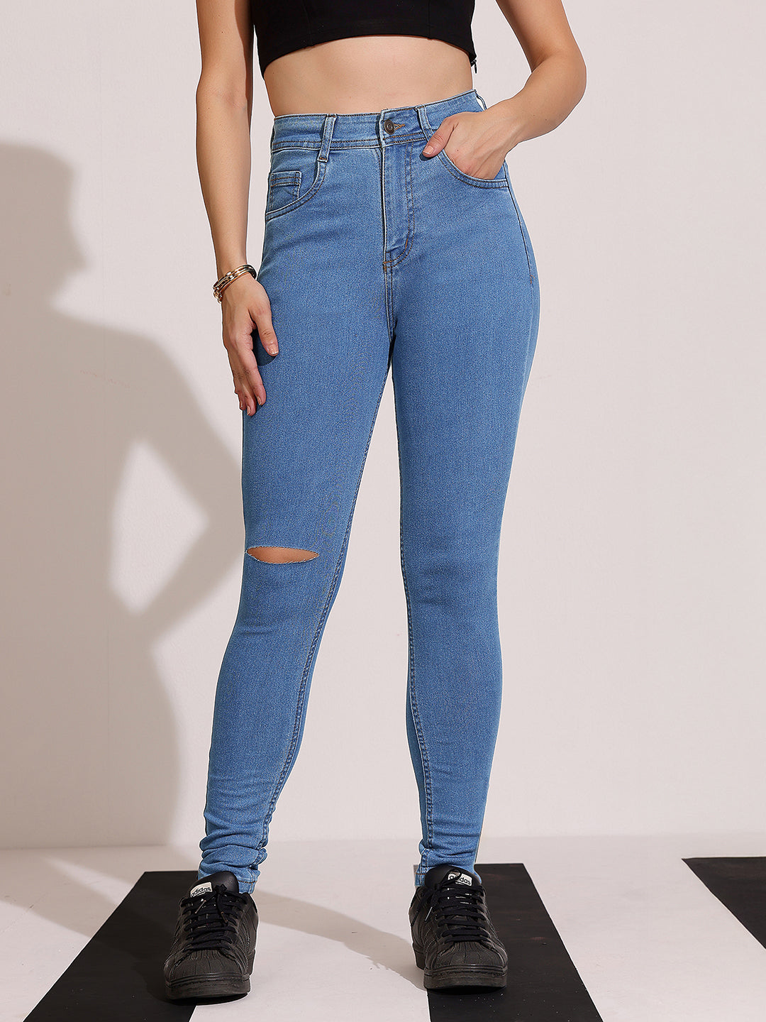 Women's Blue Skinny High-Rise Distressed Regular Denim Jeans