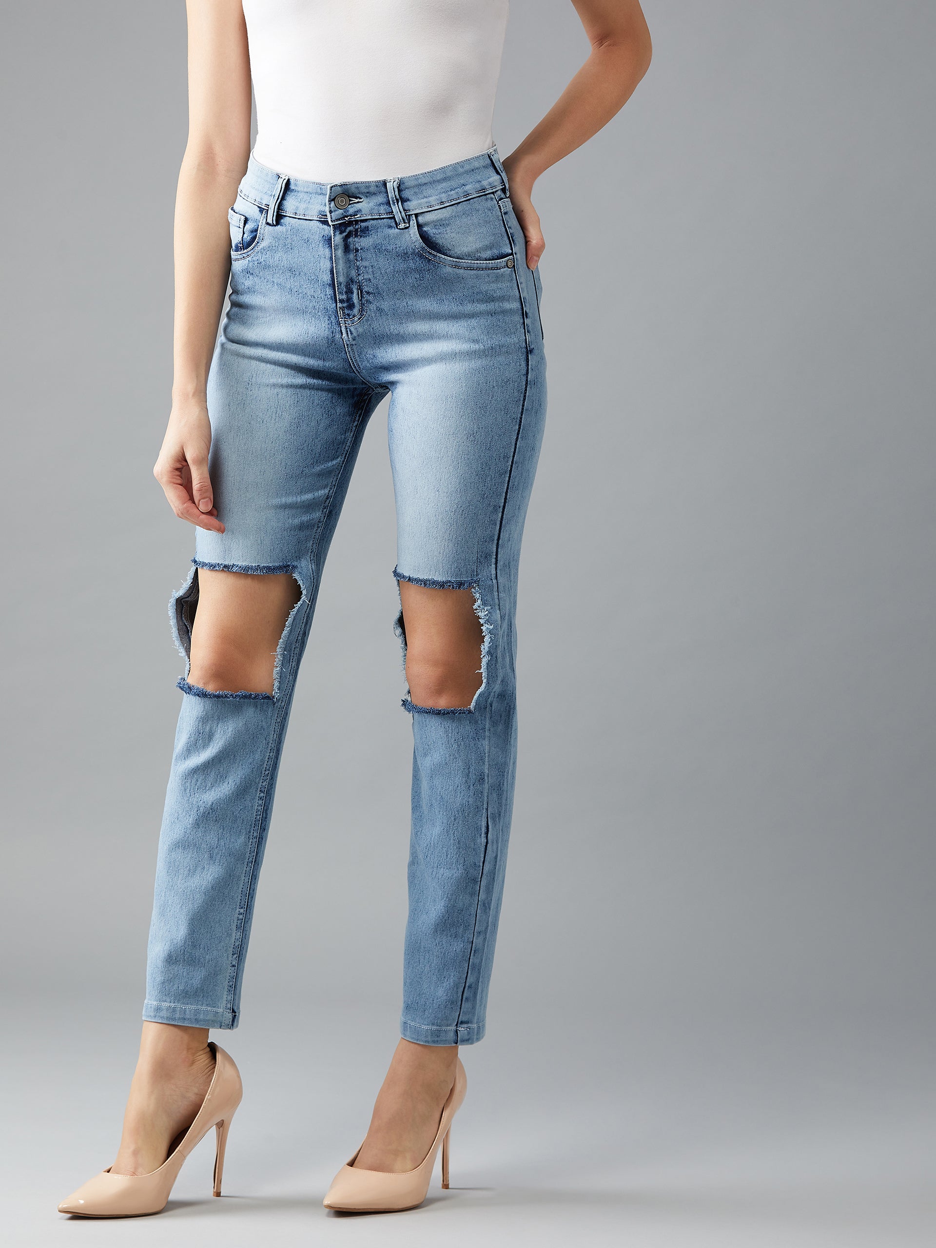 Women's Light Blue Slim Fit High Rise Clean Look Knee cut-out and Eyelet detailing Regular length Stretchable Denim Jeans