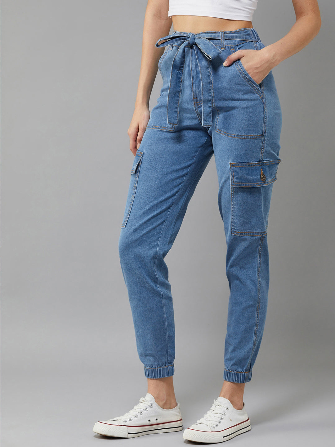 Women's Blue Regular High rise Clean look Regular Stretchable Denim Joggers