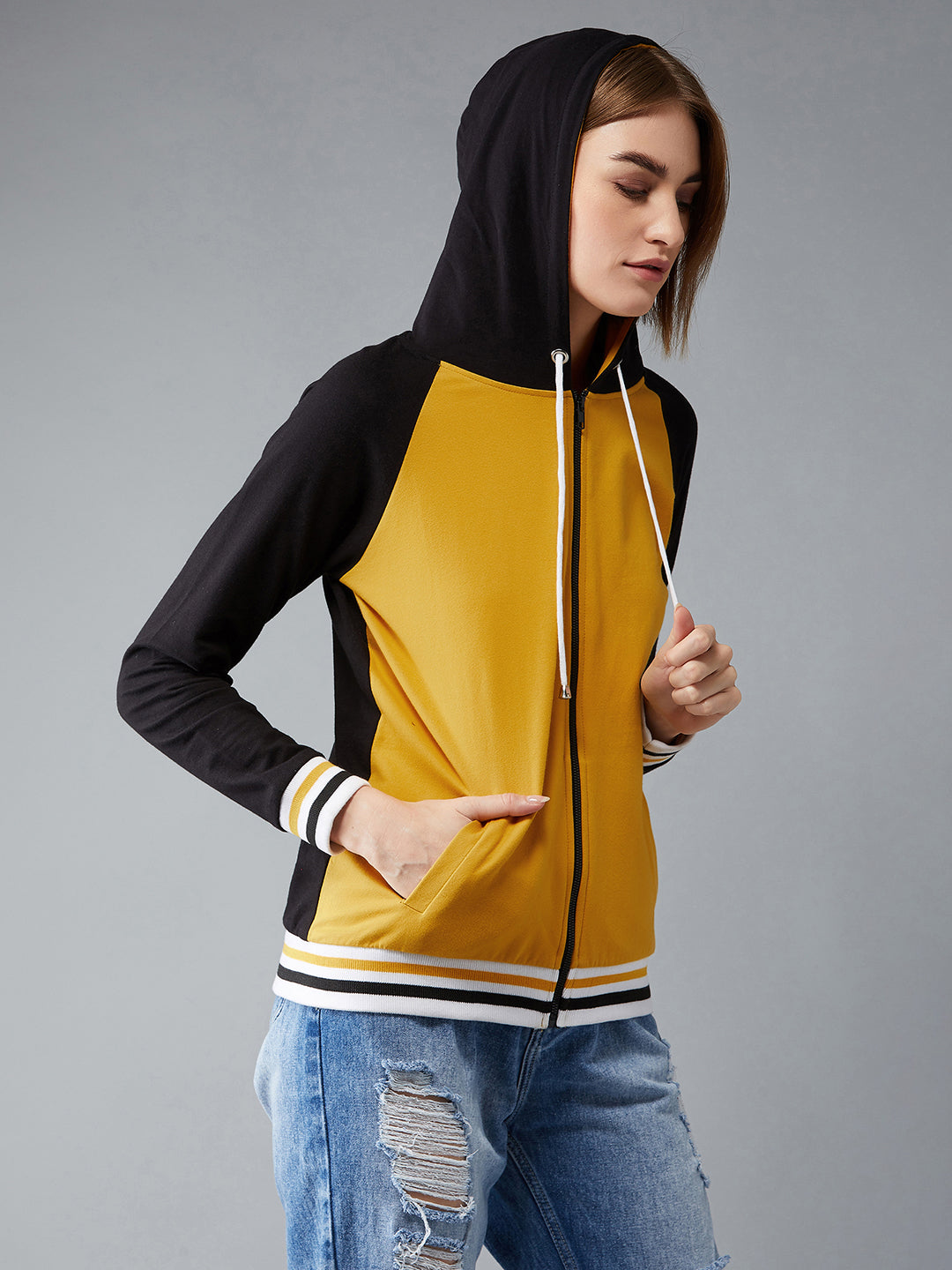 Women's Multicolored- Base- Mustard Yellow Hooded Full Sleeves Loopknit, Rib Solid Color-Block/Raglan Regular Length Jacket