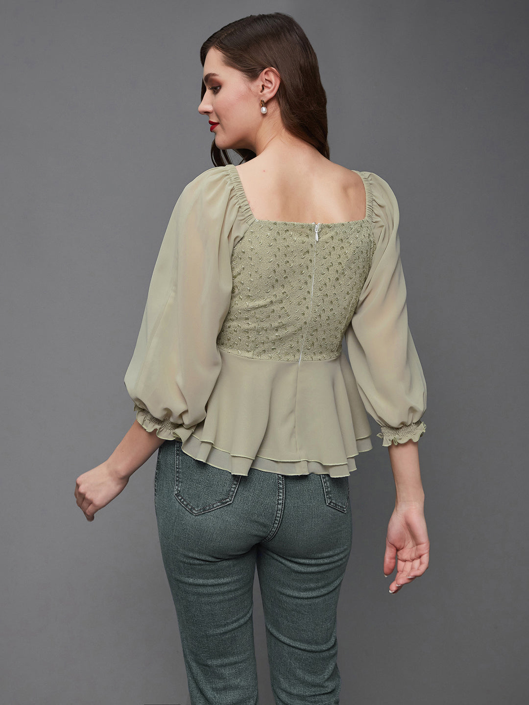 Women's Dusty Green Sweetheart Neck Bishop Sleeve Embellished Peplum Georgette Regular Length Top