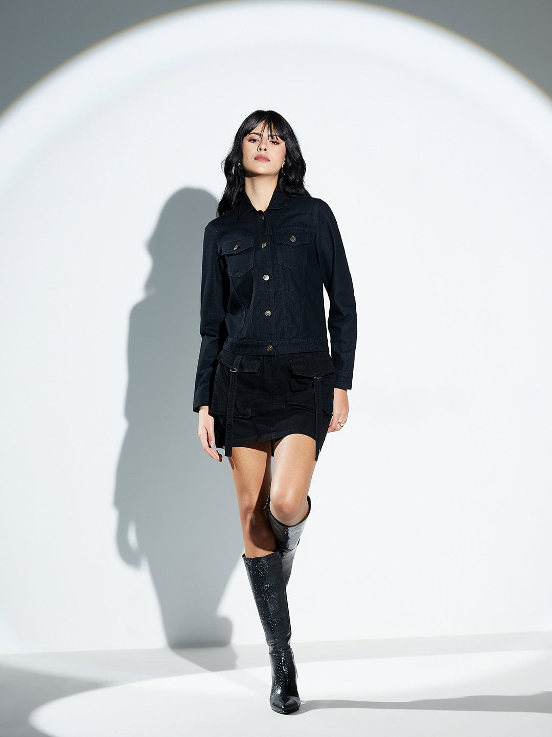 Black Flared High-Rise Mini Stretchable Denim Skirt for Women