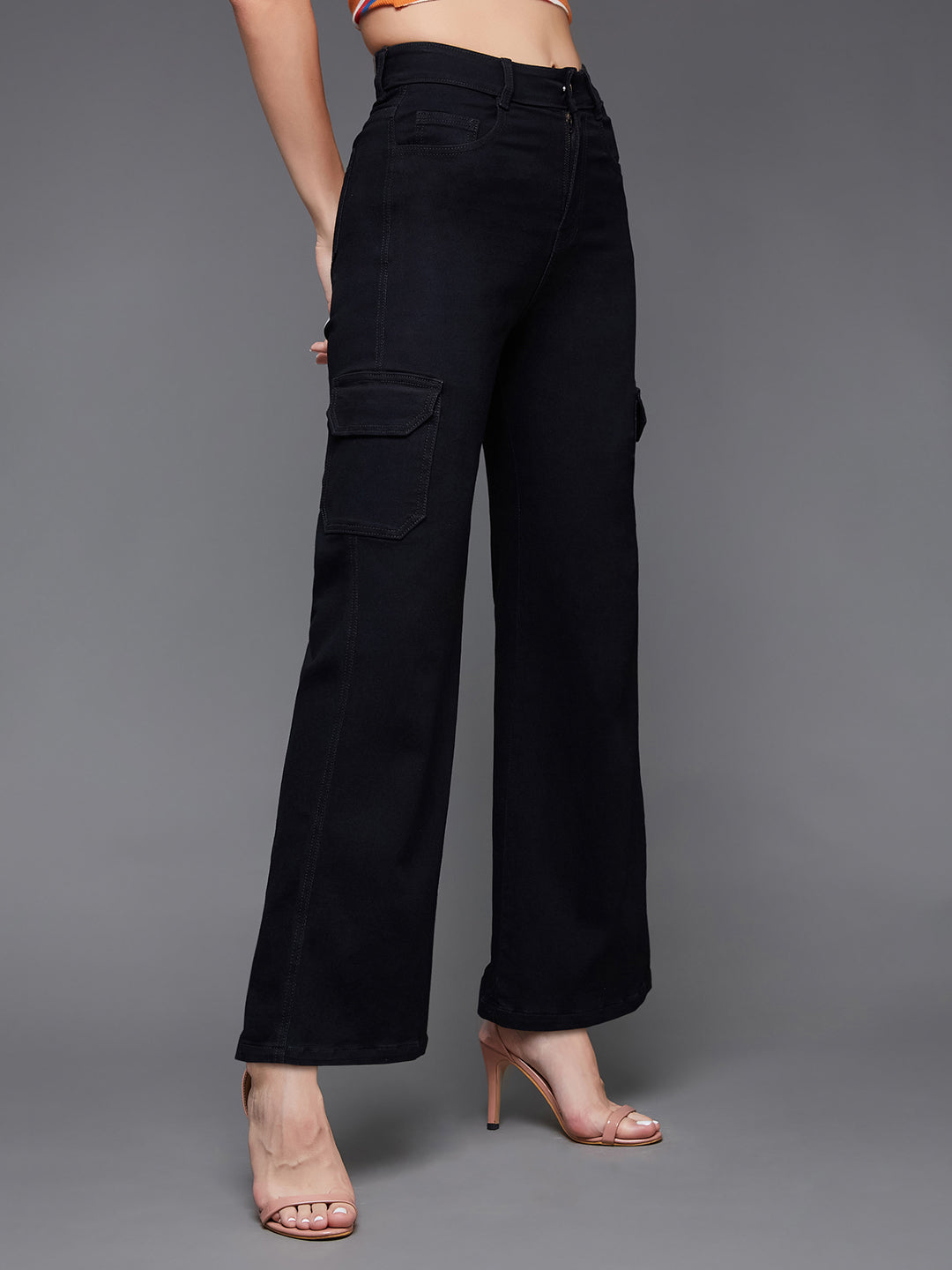 24/7 Comfort Women's Black Wide Leg High Rise Clean Look Patch Pocketed Regular Stretchable Denim Jeans