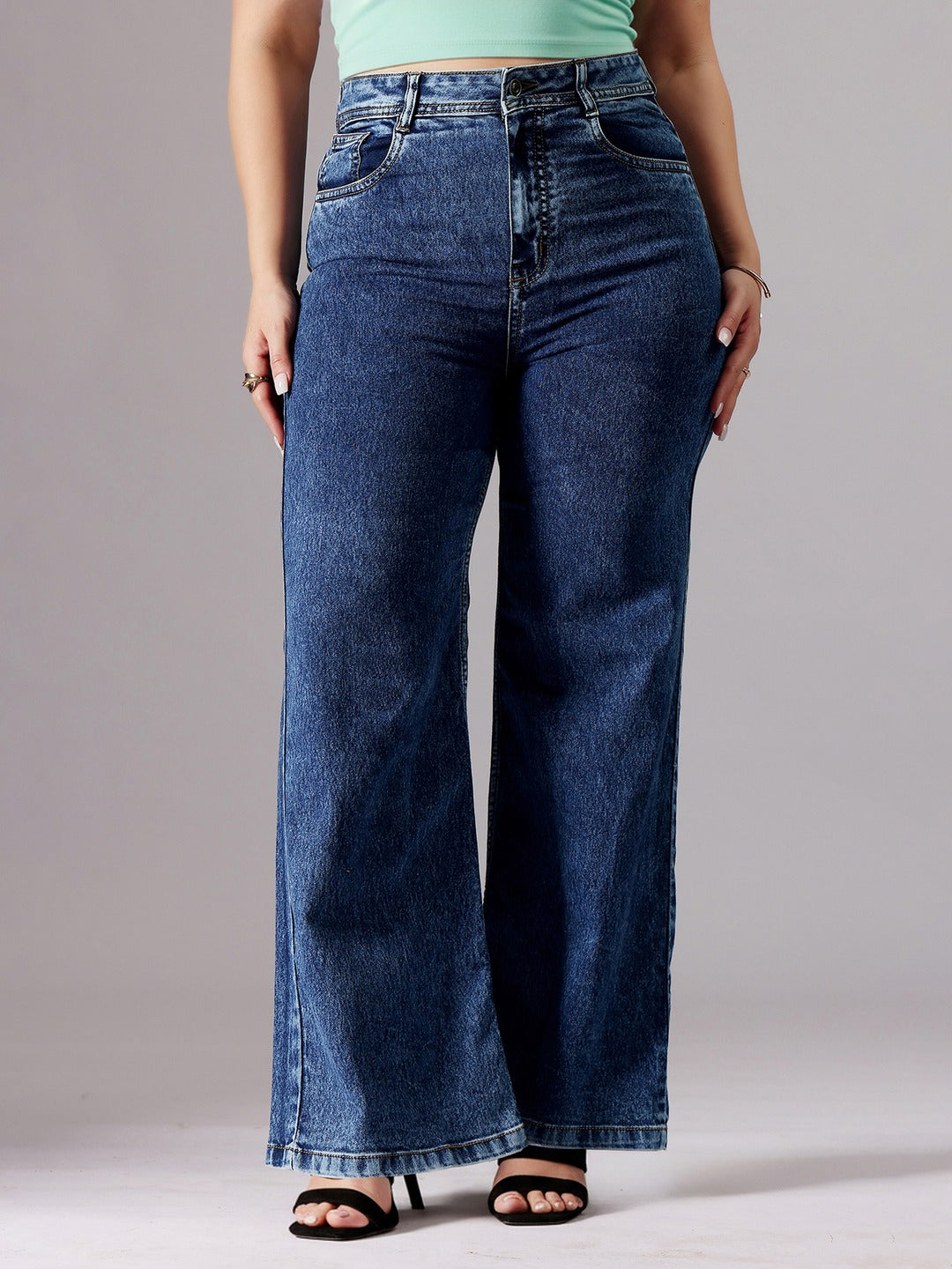 Mid Blue Wide-Leg High-Rise Stretchable Denim Jeans for Women