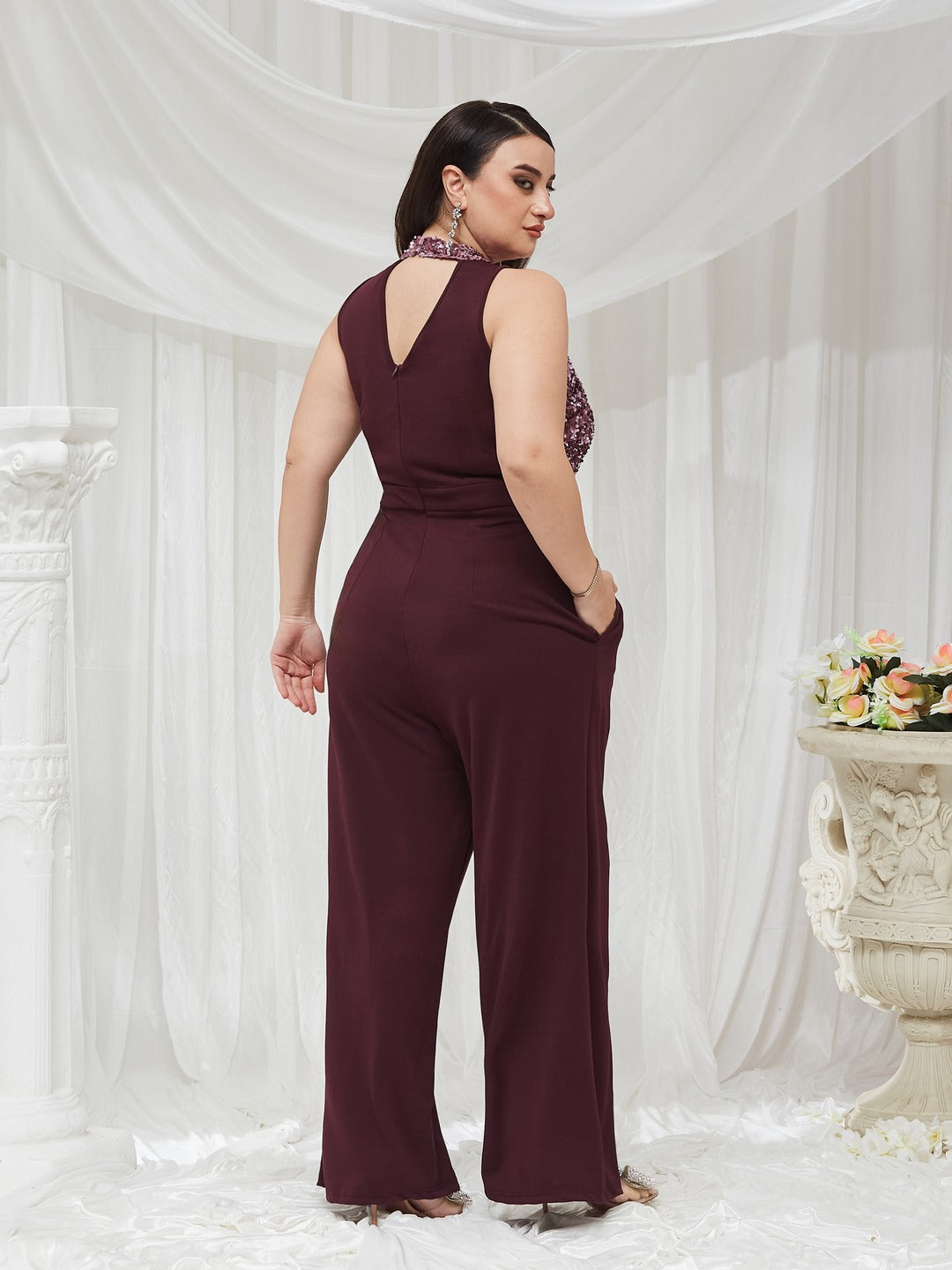 Dark Purple Halter Neck Sleeveless Embellished Regular-Length Jumpsuit for Women — Miss Chase A+