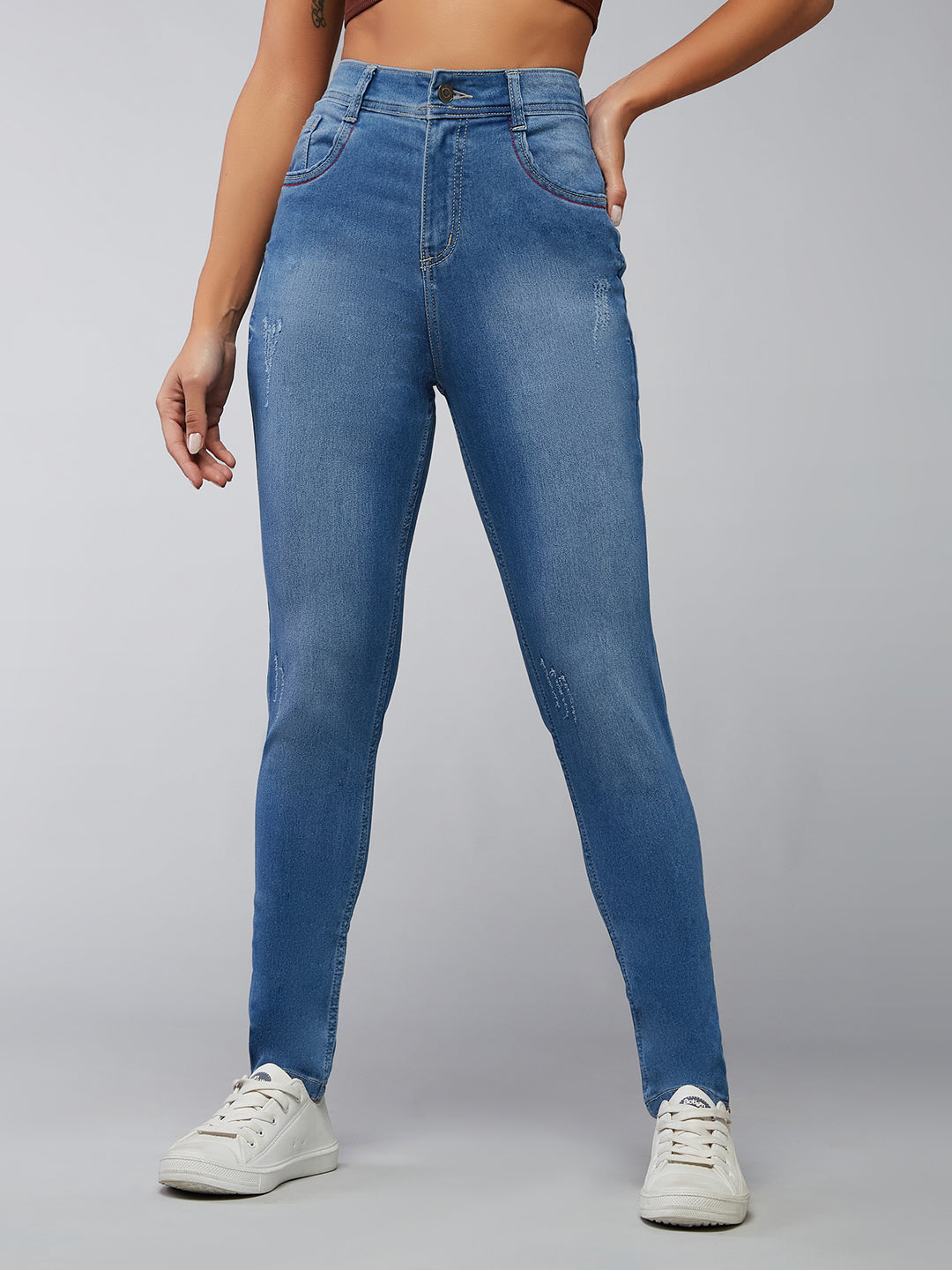 Women's Blue Skinny Fit High Rise Clean Look Regular Length Zipper Detailing Scraped Stretchable Denim Jeans