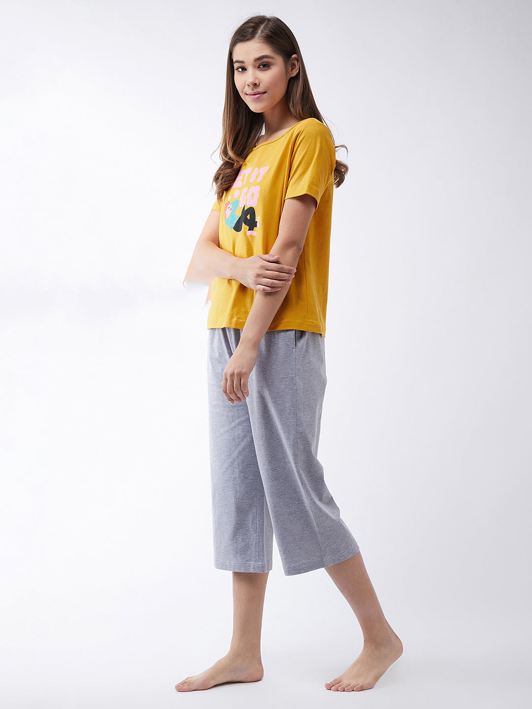 Women's Mustard Yellow and Charcoal Gray Round Neck Short Sleeves Regular length Top & Capri Set