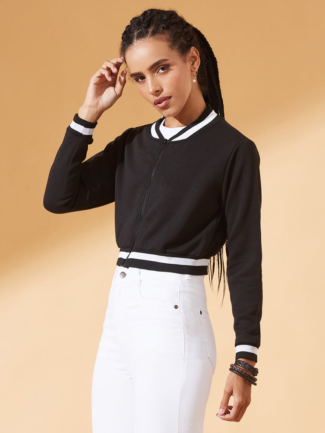 Black V-Neck Full Sleeves Loopknit, Rib Solid Bomber Cropped Jacket for Women