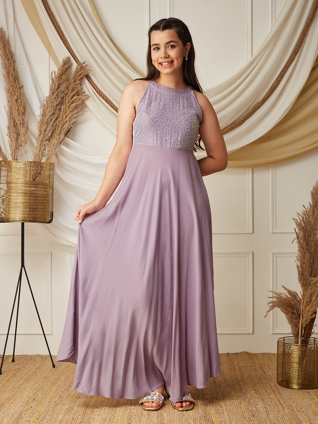 Lavender Halter-Neck Sleeveless Embellished Fit & Flare Viscose-Rayon Maxi Dress