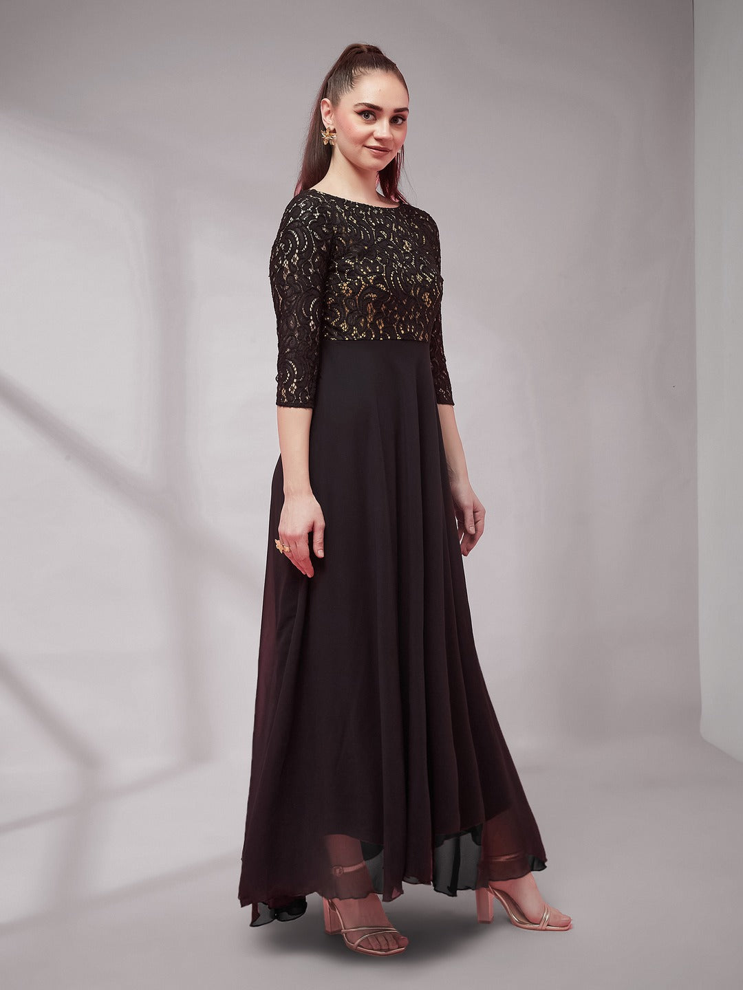 Black Self Design Boat Neck 3/4 Sleeves Side Pocketed Georgette Fit and Flare Maxi Length Dress for Women