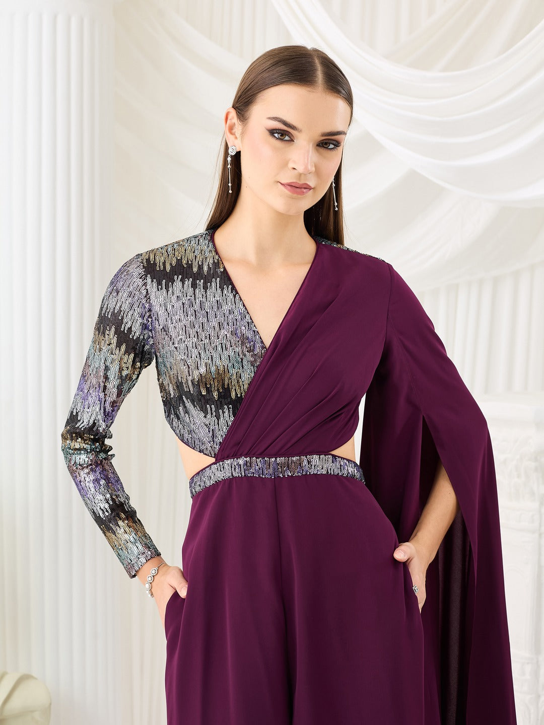 Luxe Georgette Jumpsuit in Dark Purple with Asymmetric Draping for Women
