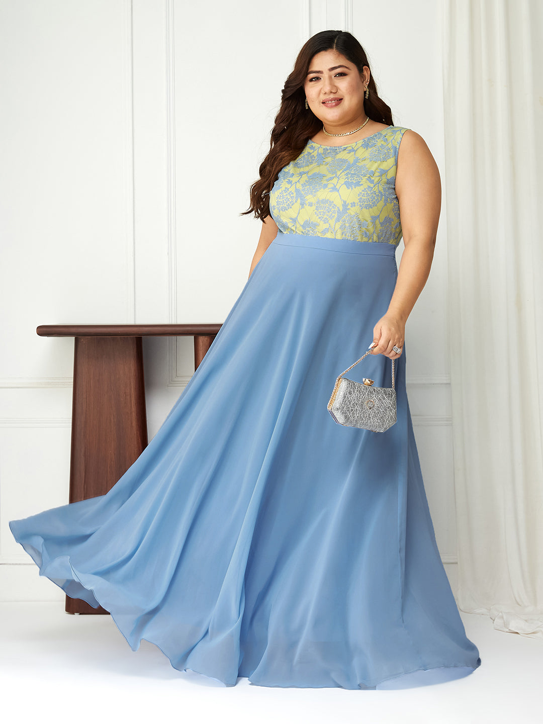 Women's Sky Blue Round Neck Sleeveless Georgette & Lace Floral Fit & Flare Maxi Dress