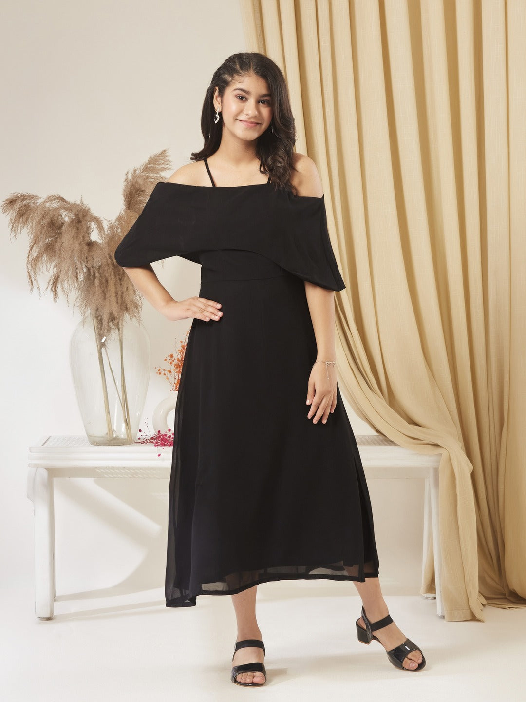 Black Bardot Style Sleeveless Spaghetti Strap Solid Off Shoulder Midi Skater Dress for Girls/Teenagers