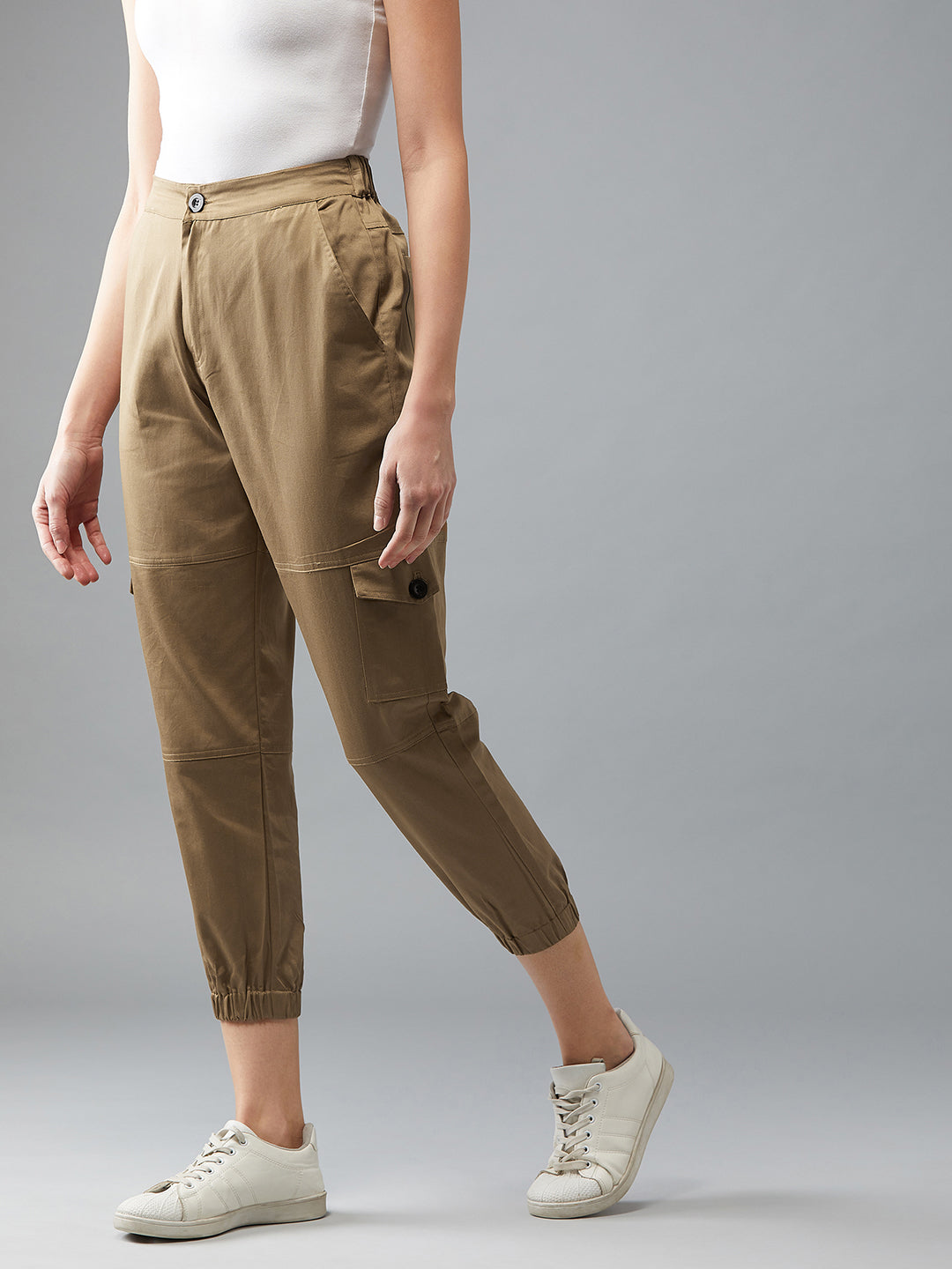 Women's Olive Green Solid Panelled Elasticated Cropped Length Joggers
