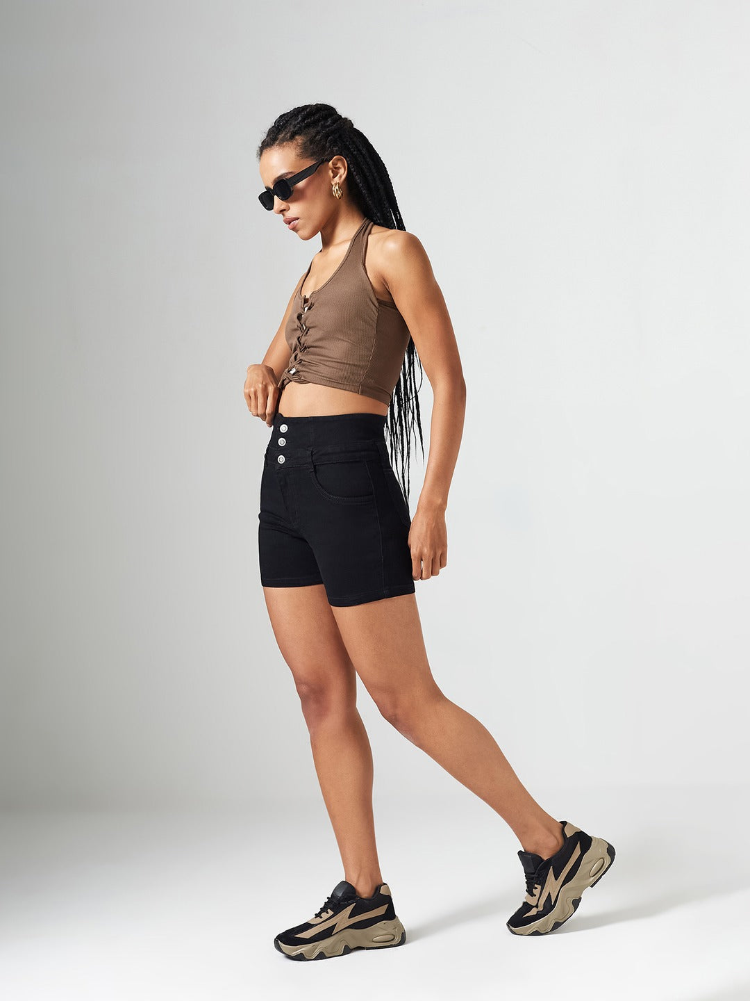 Black Regular-Fit High-Rise Clean-Look Regular-Length Stretchable Denim Shorts for Women