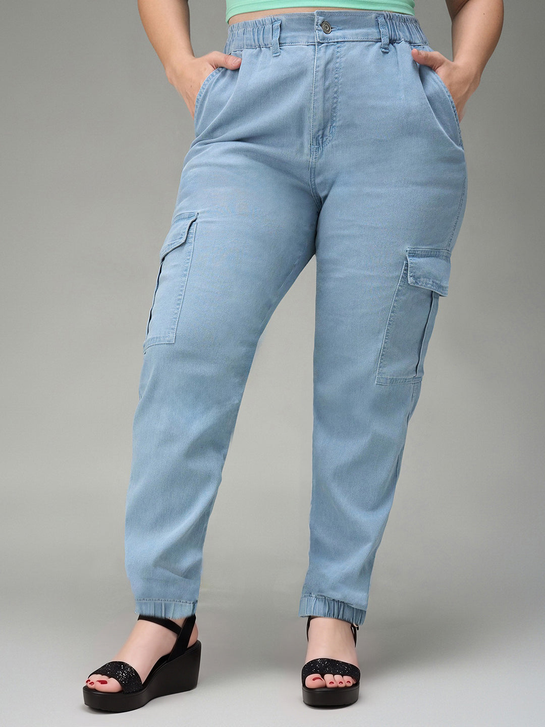 Light Blue Regular High Rise Regular Stretchable Light Weight Denim joggers for Women