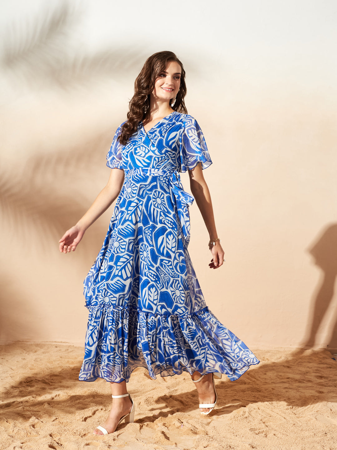 White & Blue Floral Printed Flutter Sleeves Maxi Dress for Women — Miss Chase