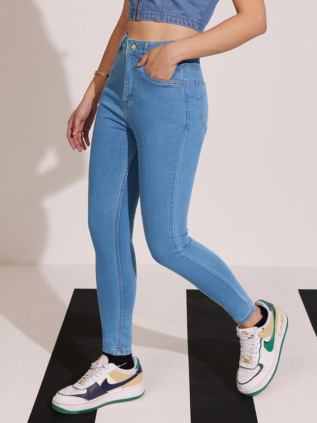 Women's Blue Skinny High-Rise Distressed Cropped Denim Jeans