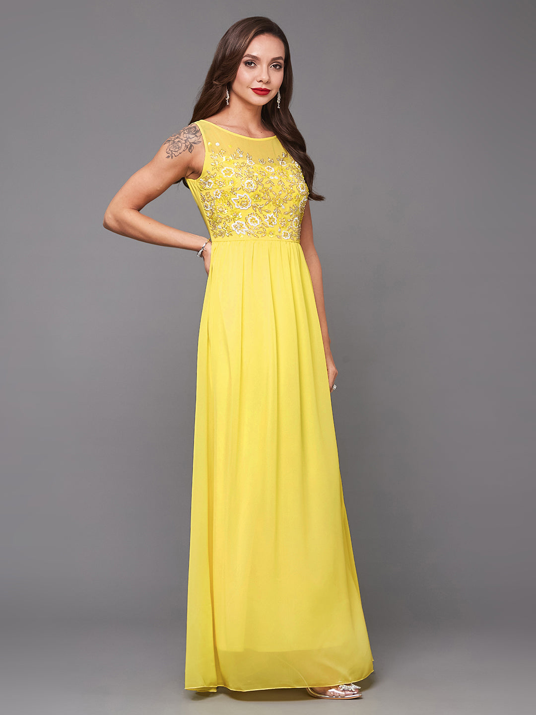 Women's Light Yellow Boat Neck Sleeveless Embroidered Georgette Gathered Maxi Dress