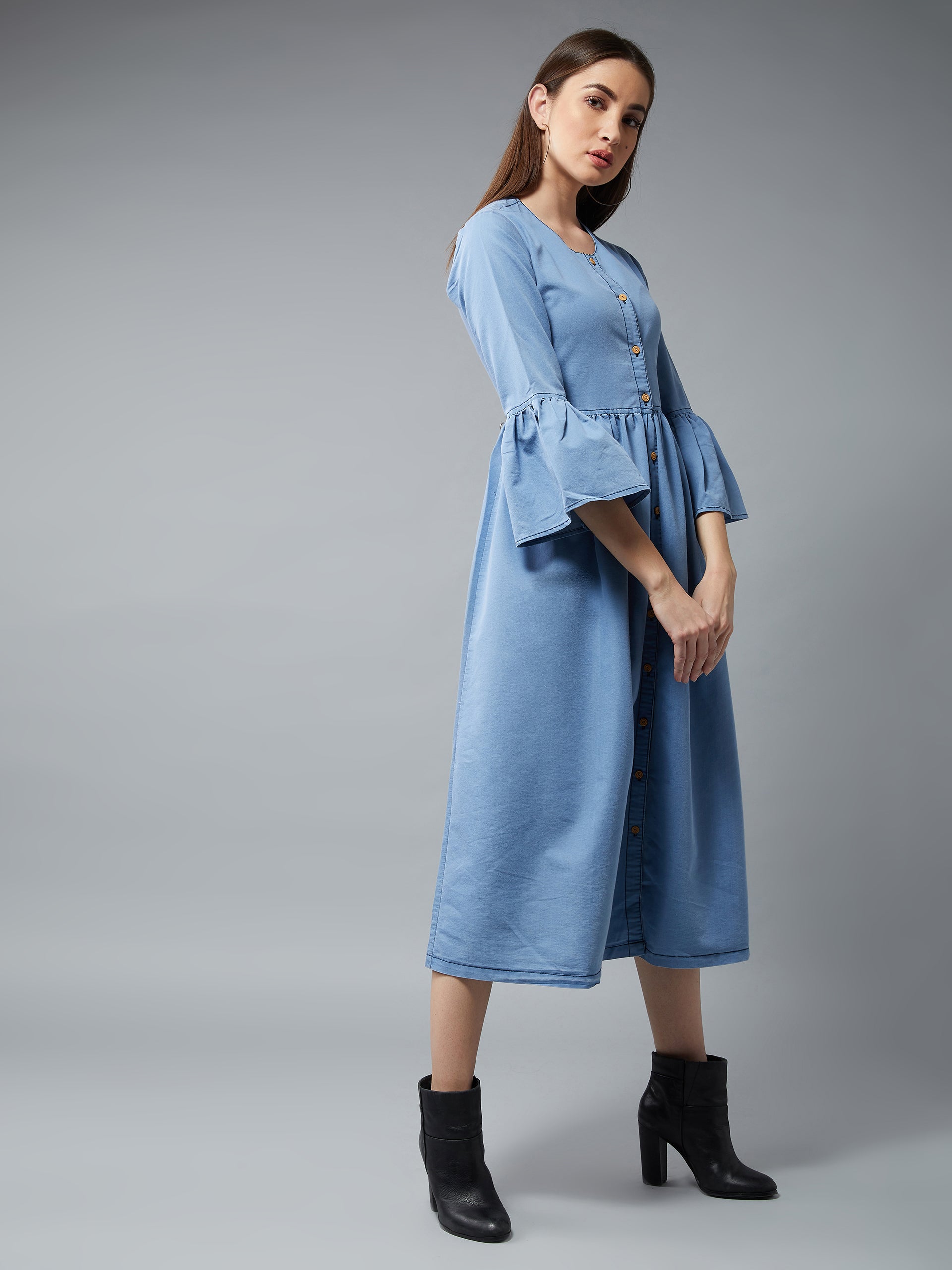 Women's Light Blue Round Neck Ruffled Full Sleeve Denim Solid Buttoned Midi Dress