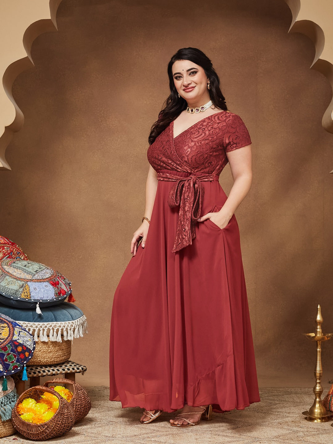 Brick Red V-Neck Short Sleeve Self-Designed Lace Overlaid Georgette Maxi Dress for Women — Miss Chase A+
