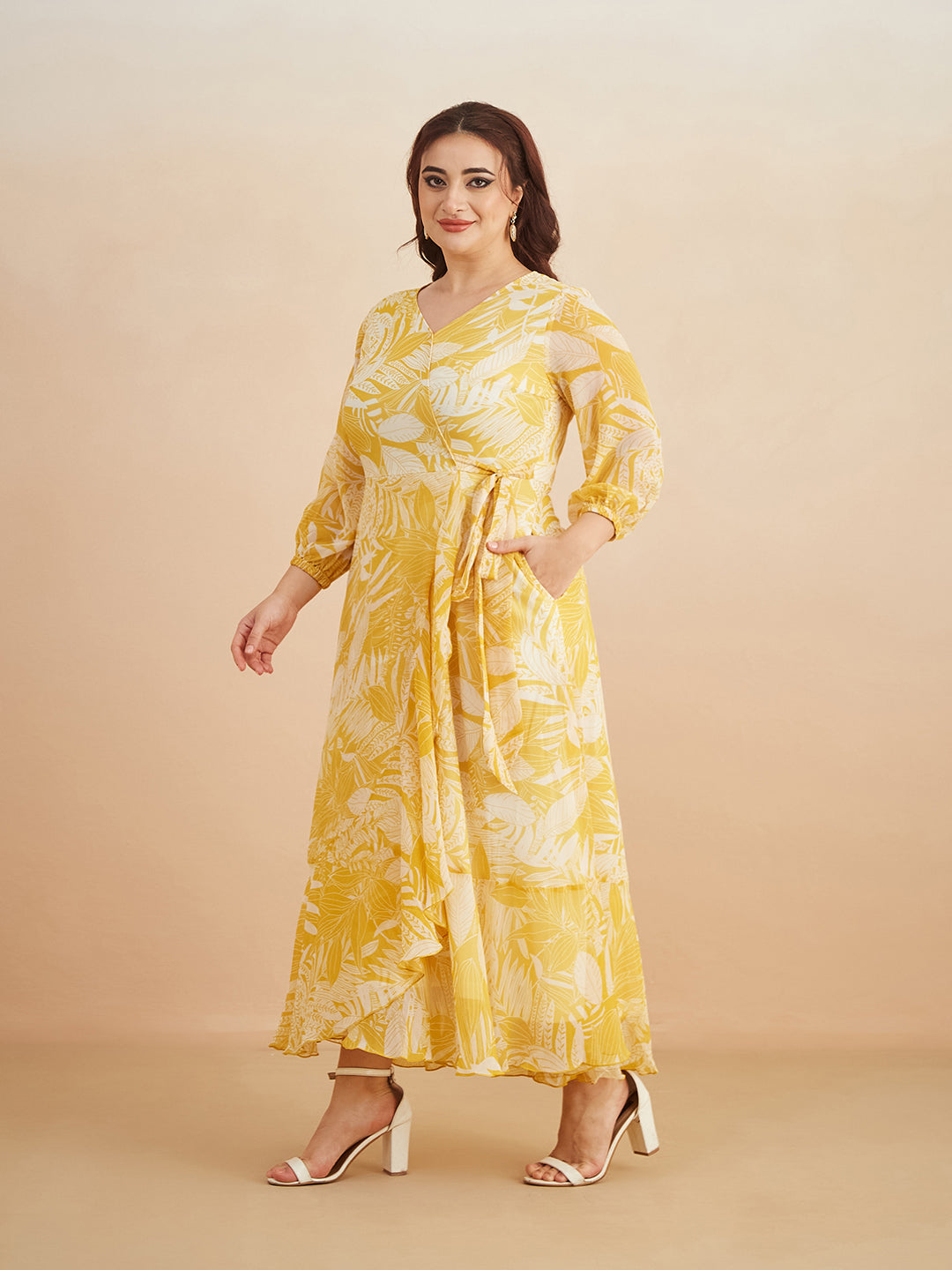 Yellow & White V neck Full sleeve Floral Layered Maxi Dress for Women