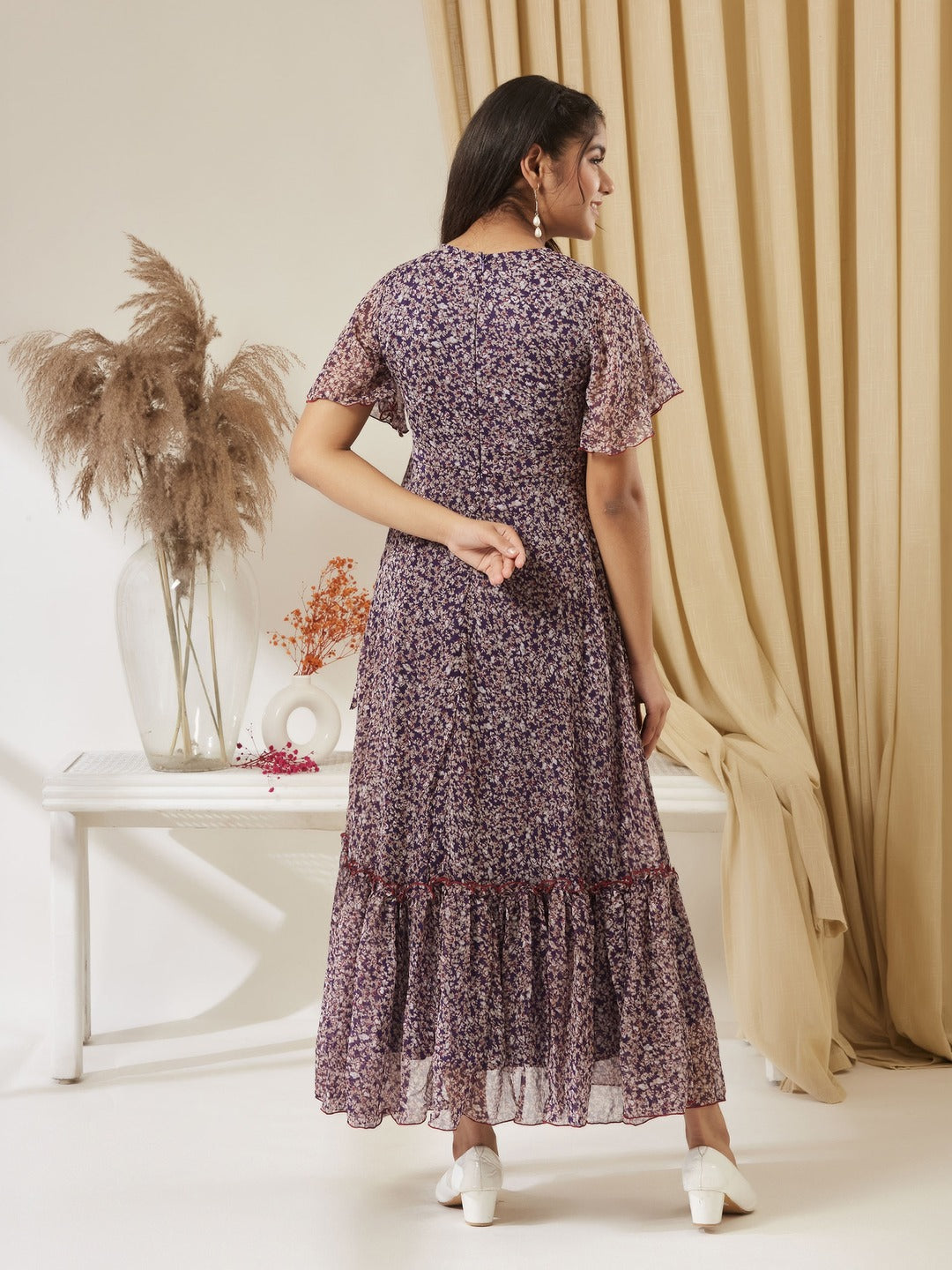 Purple V Neck Flared Sleeve Floral Wrap Chiffon Maxi Dress for Girls/Teenagers