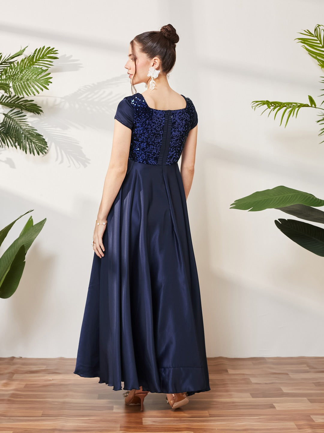 Navy Blue Square Neck Short Sleeve Embellished Polyester Fit & Flare Maxi Dress for Women