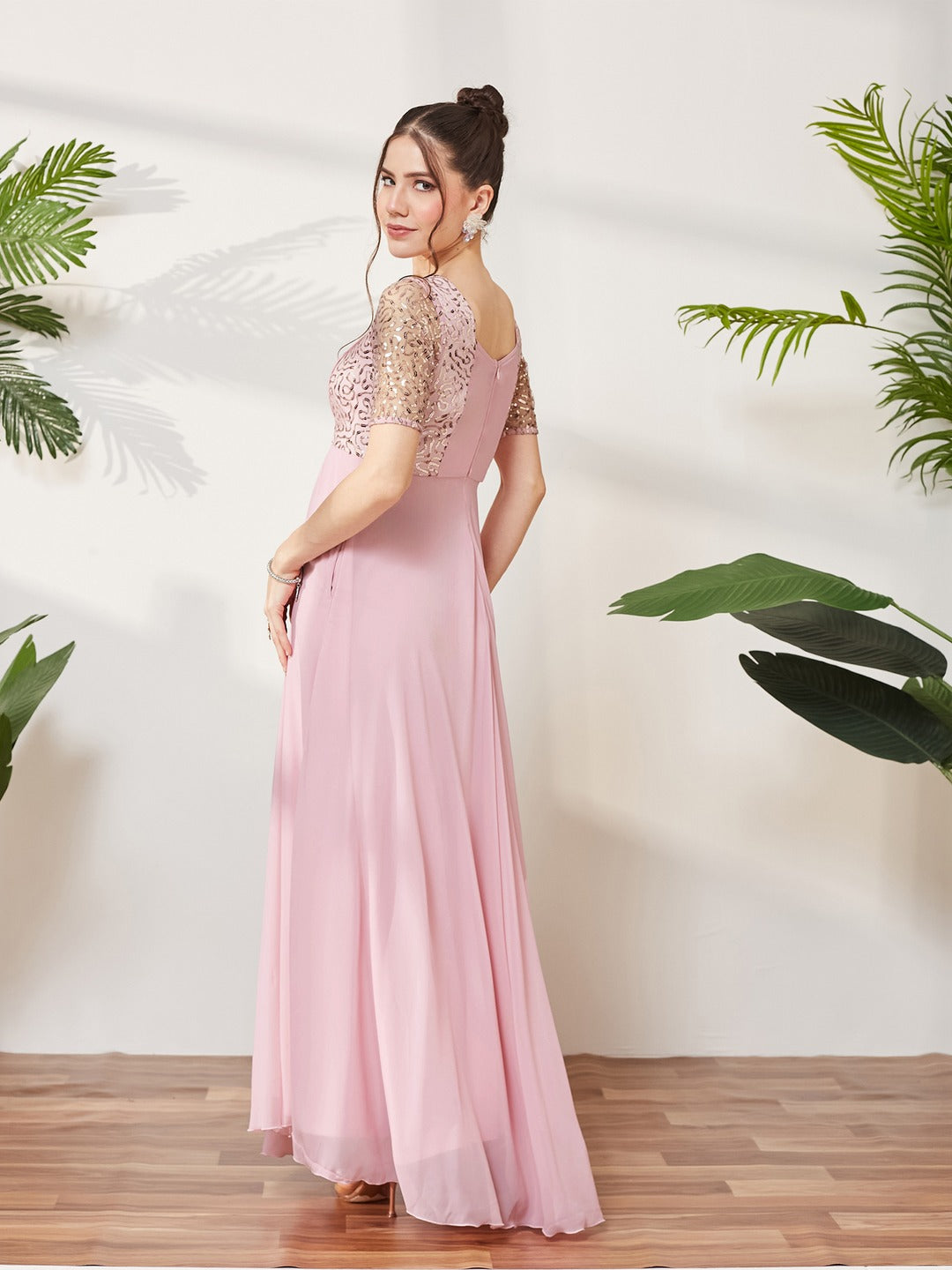 Dusty Pink Square Neck Half Sleeve Solid Embellished Maxi Dress for Women