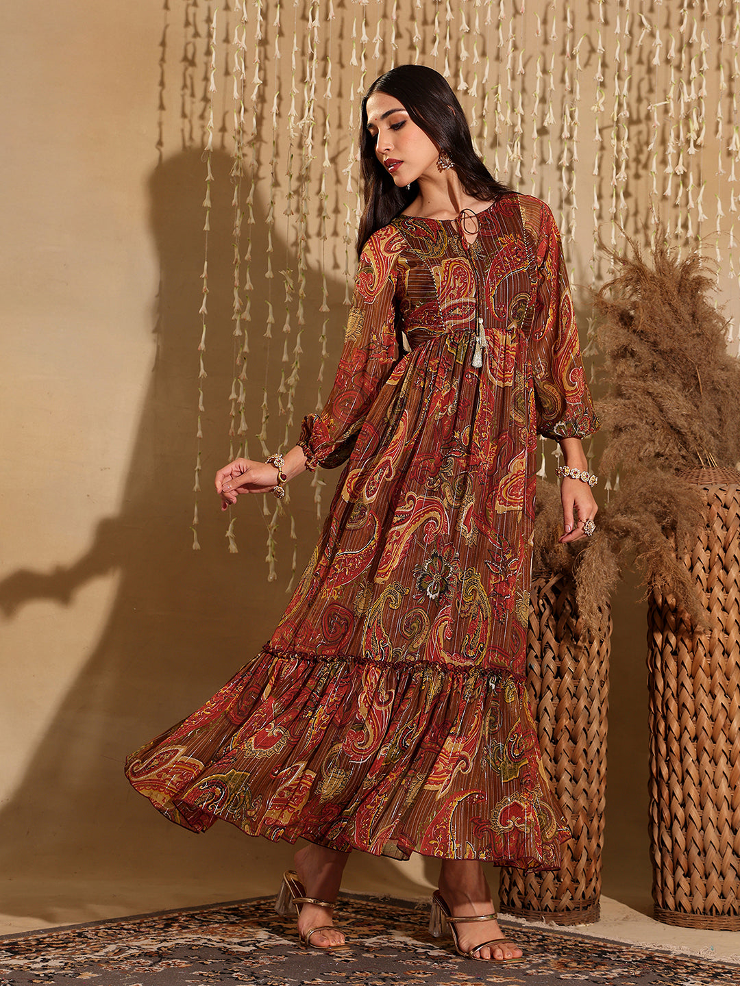 Women's Multicolored-Base-Brown Relaxed Fit Maxi Lurex Chiffon Dress