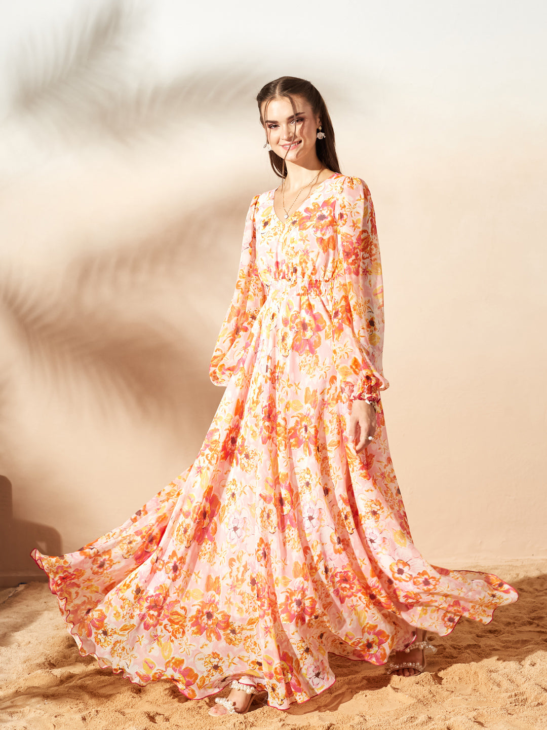 Orange Full Sleeves Floral Printed Fit and Flare Dress for Women