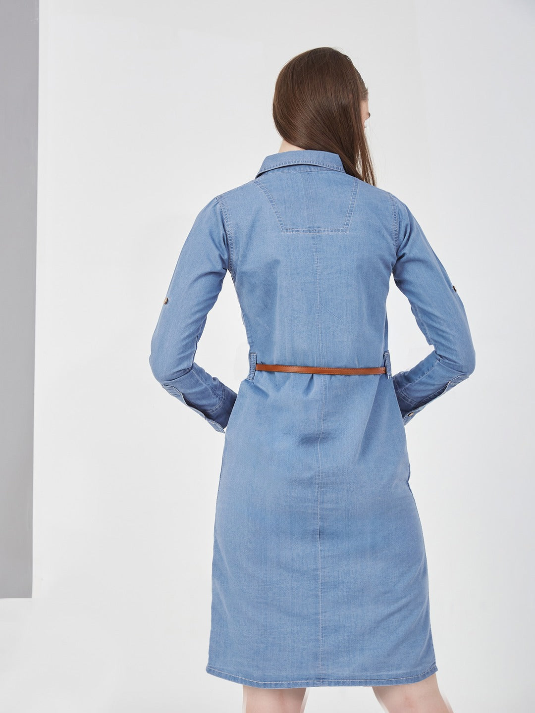 Blue Polo Neck Rolled Up Full Sleeve Denim Solid Buttoned A-Line Mini Dress for Women