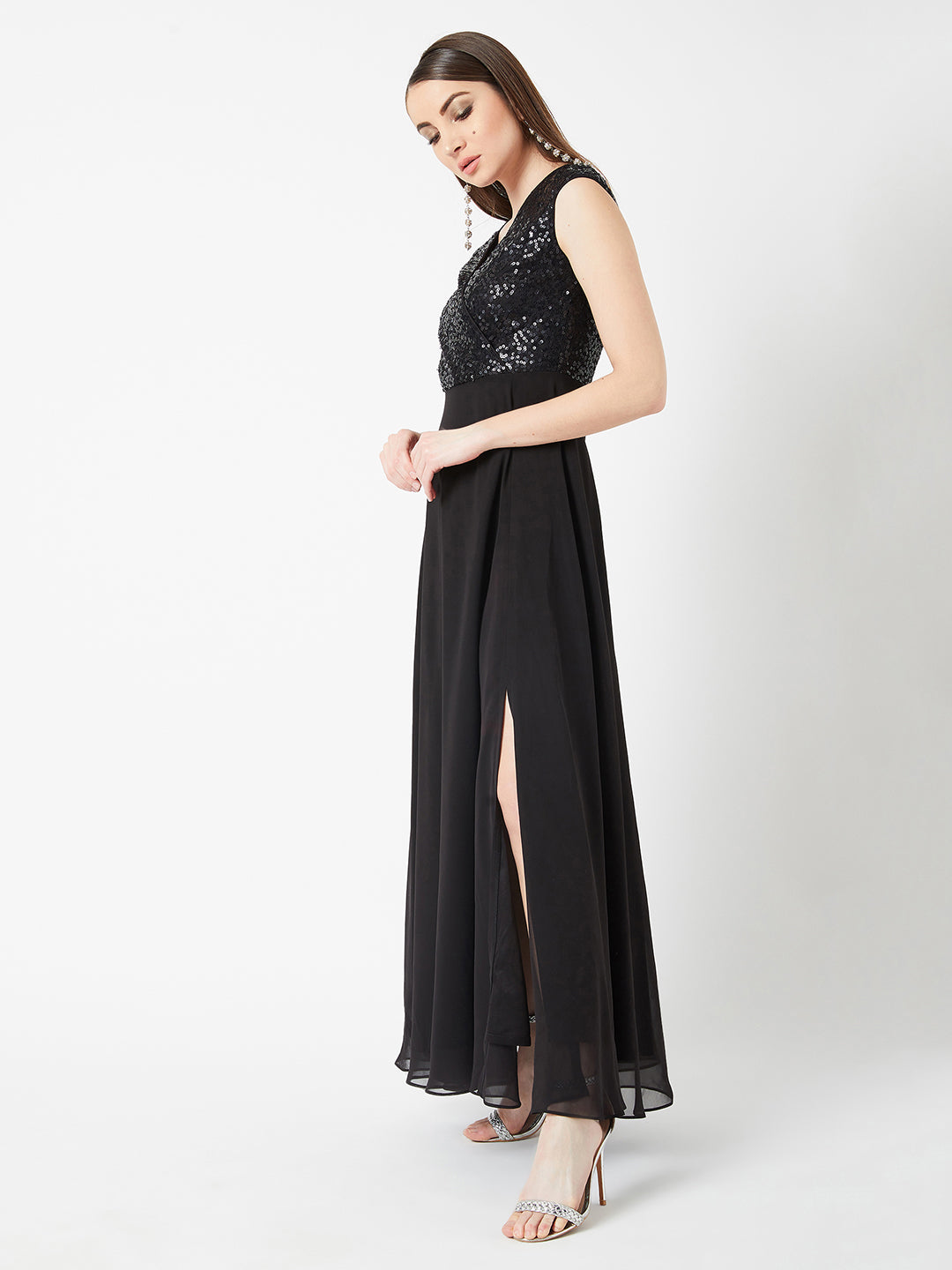 Women's Black V-Neck Cap Sleeved Solid Wrap Maxi Dress