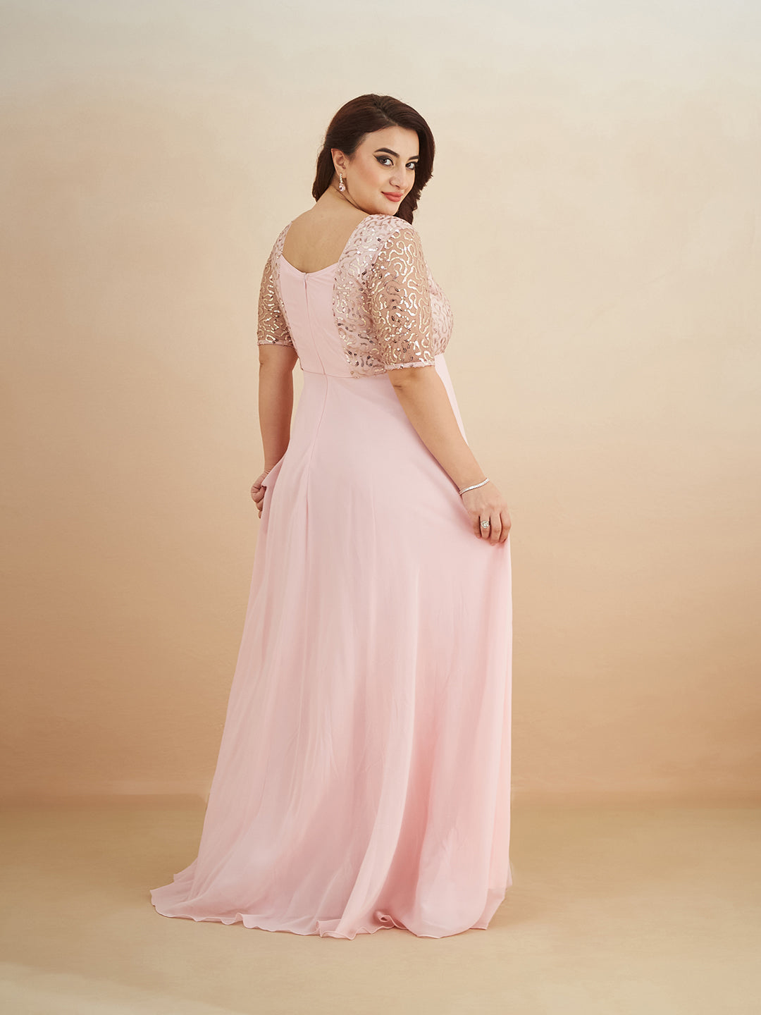 Dusty Pink Square Neck Half Sleeve Solid Embellished Maxi Dress for Women