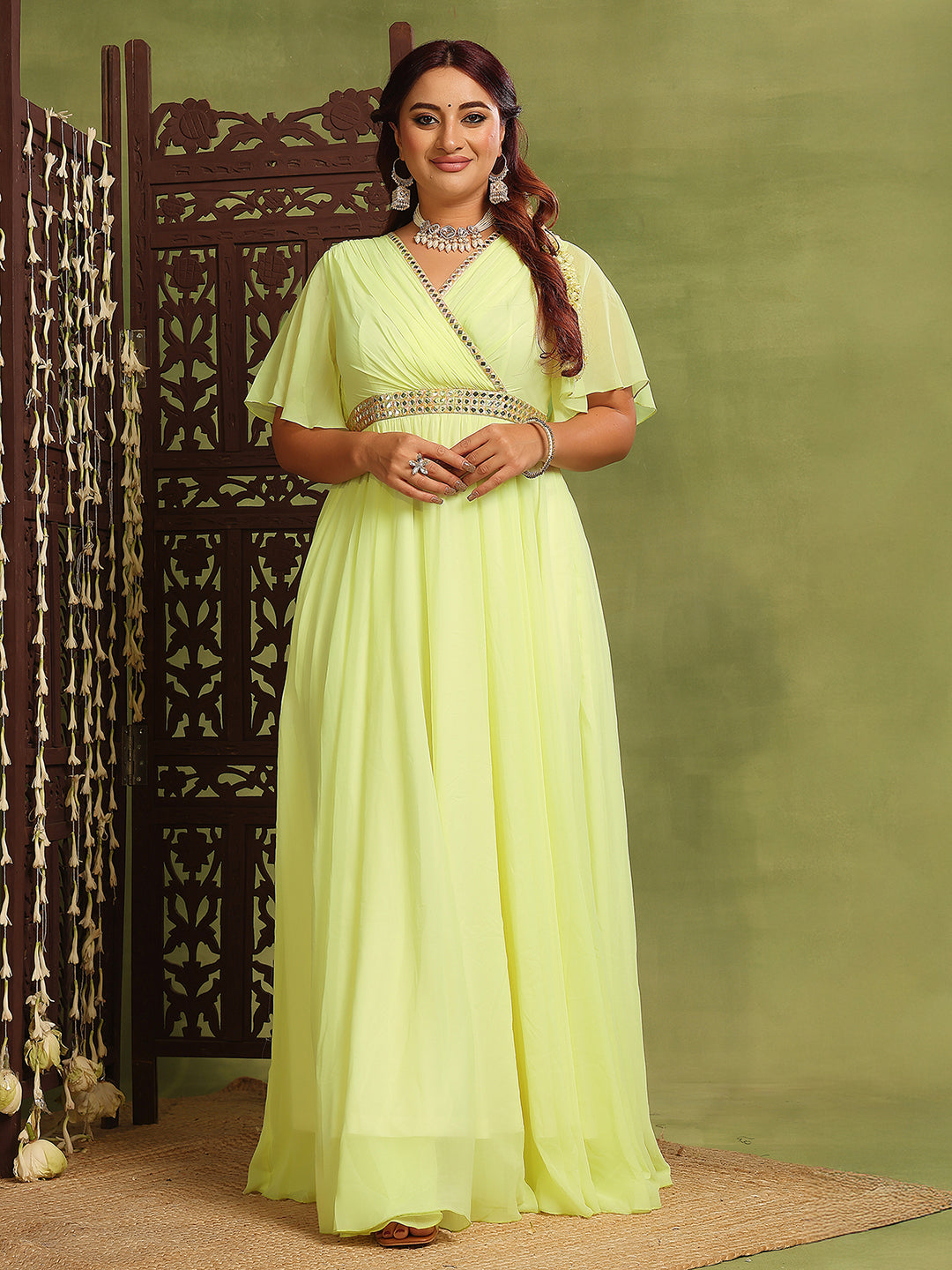 Women's Lemon Yellow V-Neck Flared-Sleeves Solid Georgette Fit & Flare Maxi Dress