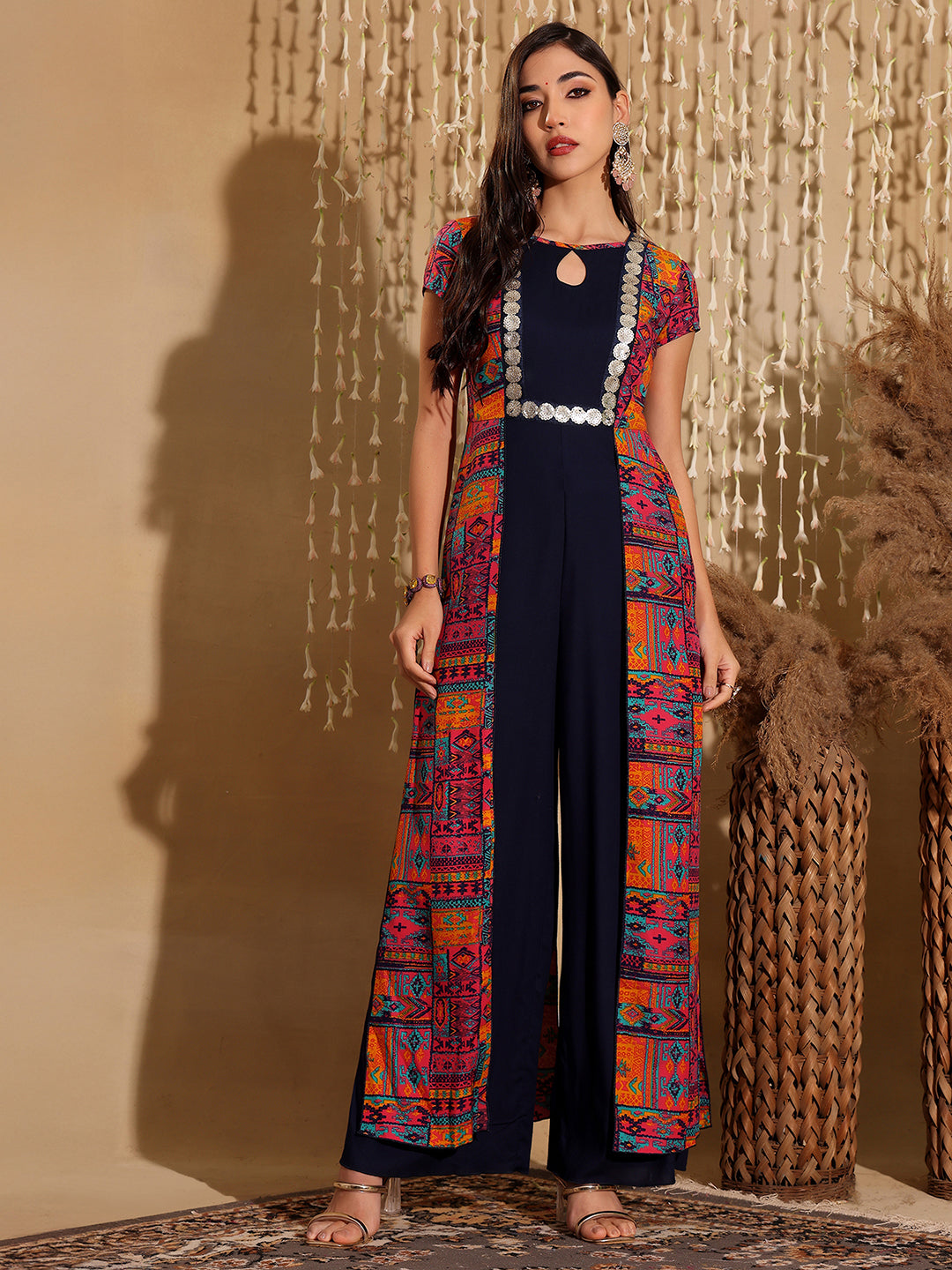 Women's Multicolored Keyhole-Neck Regular-Sleeve Bohemian Paneled Viscose-Rayon Regular-Length Jumpsuit