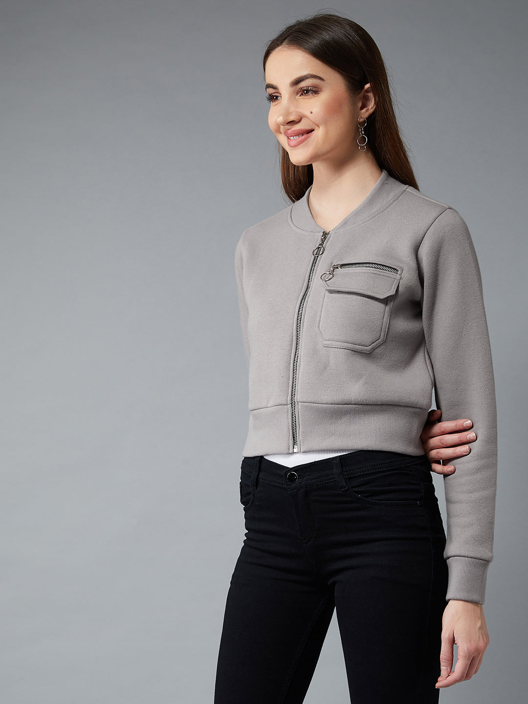 Women's Grey Stand Collar Full Sleeves Cotton Boxy/Bomber Cropped Jacket