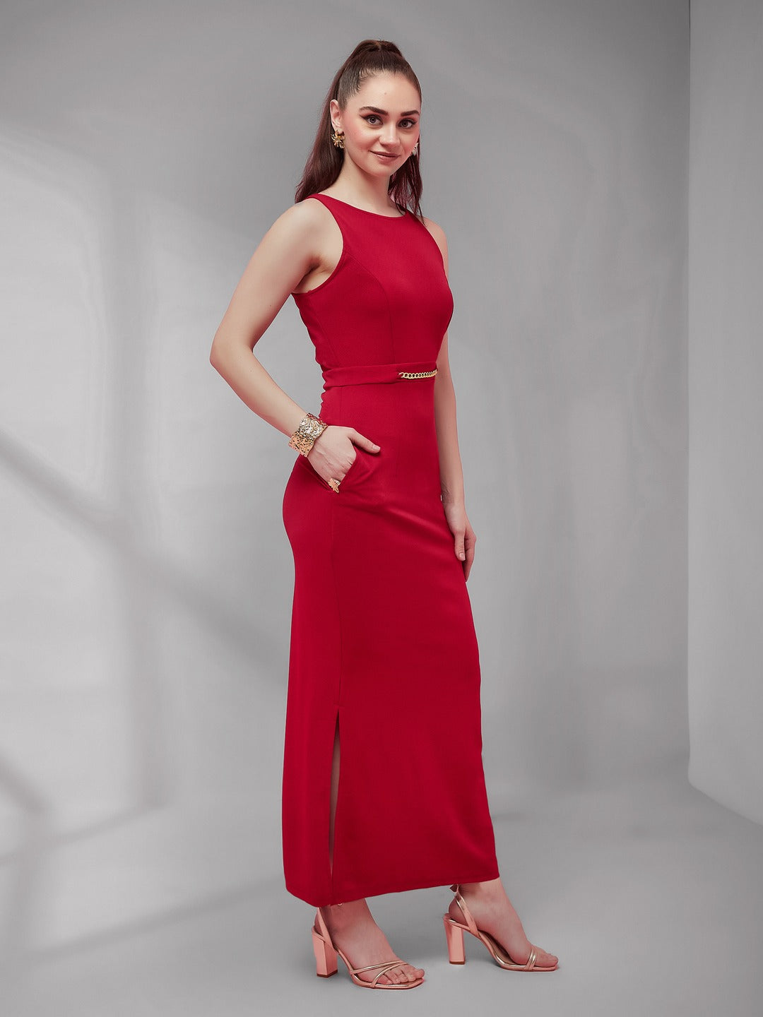 Cherry Red Solid Slim Fit Round Neck Sleeveless Maxi Dress  for Women