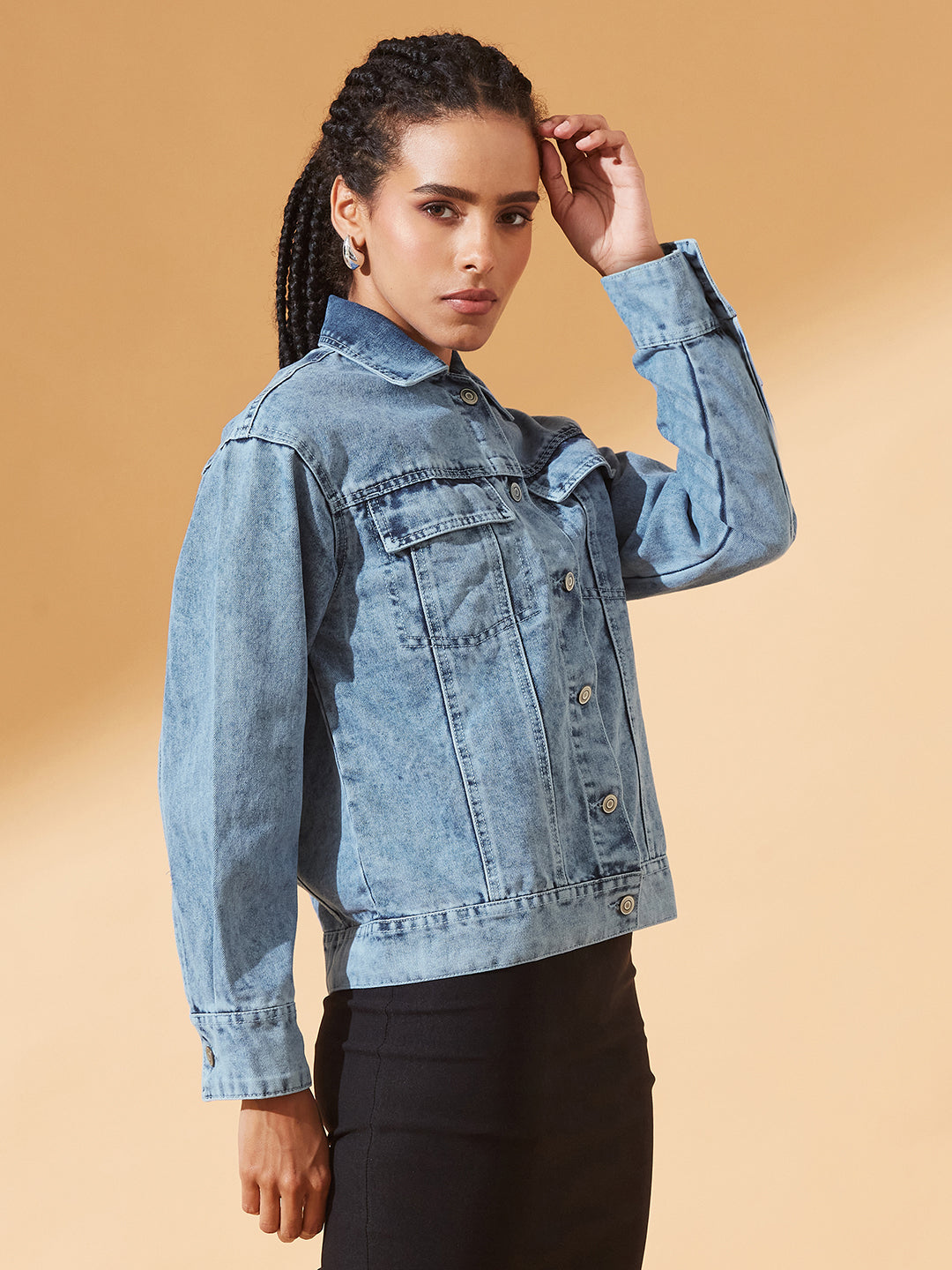 Light-Blue Collared Full Sleeve Solid Classic Denim Jacket for Women