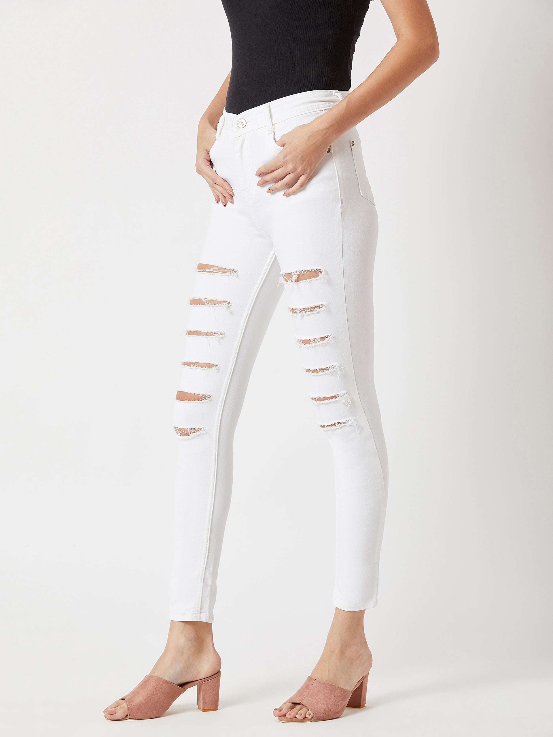 Women's White Skinny High Rise Ripped Regular length Stretchable Denim Jeans