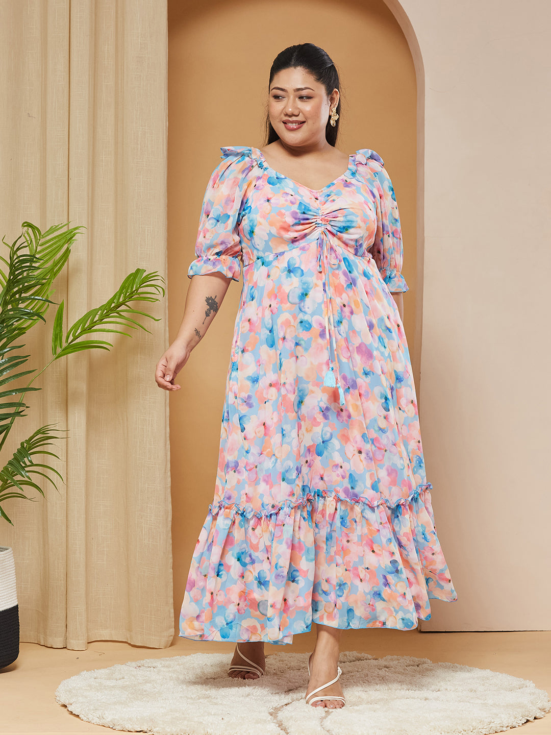 Multicolored-Base-Sky Blue V-Neck Puff-Sleeves Floral Ruching Ankle-Length Dress for Women