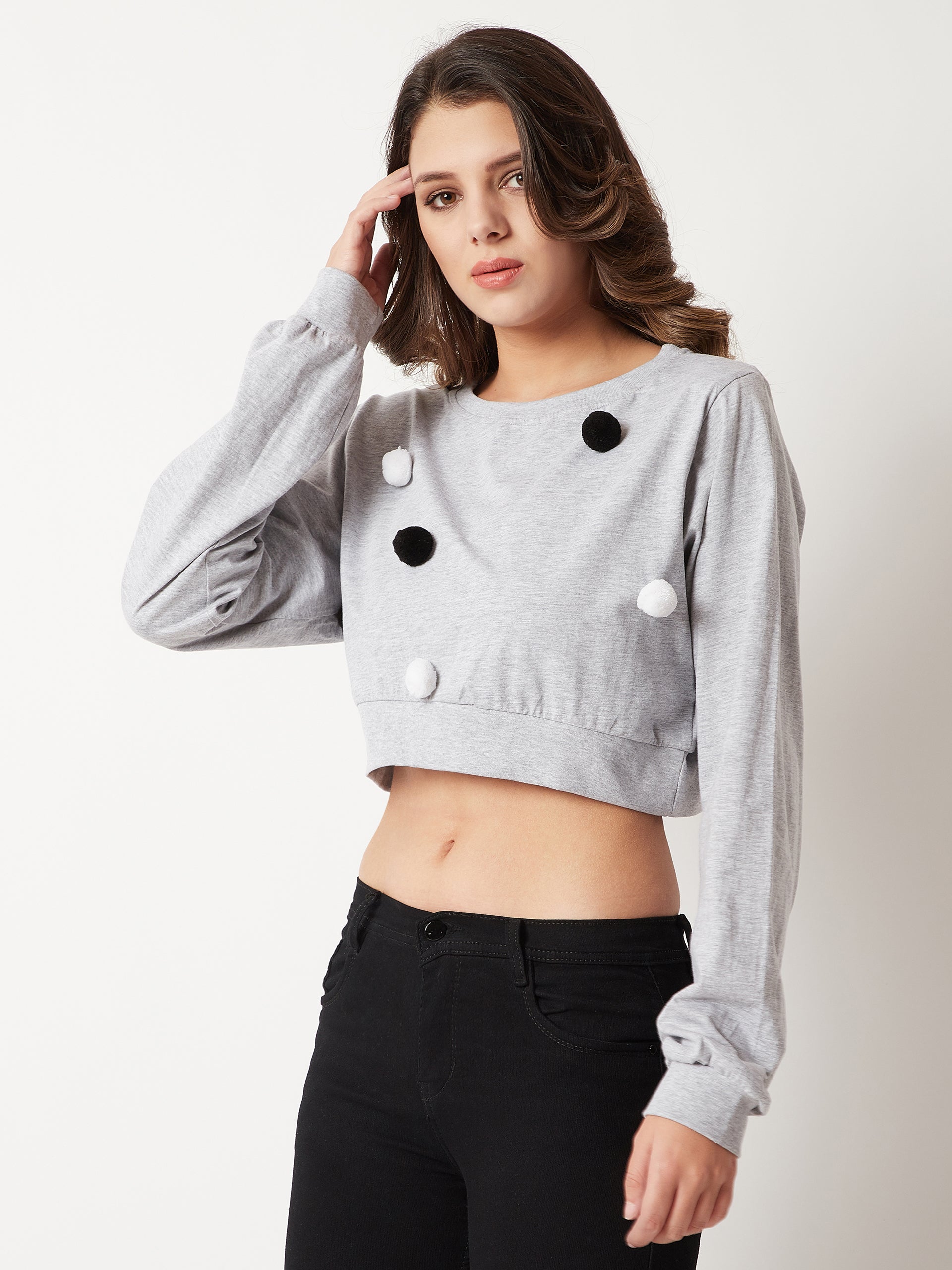 Women's Grey Round Neck Full Sleeve Cotton Solid Pompom Detailing Boxy Crop Top