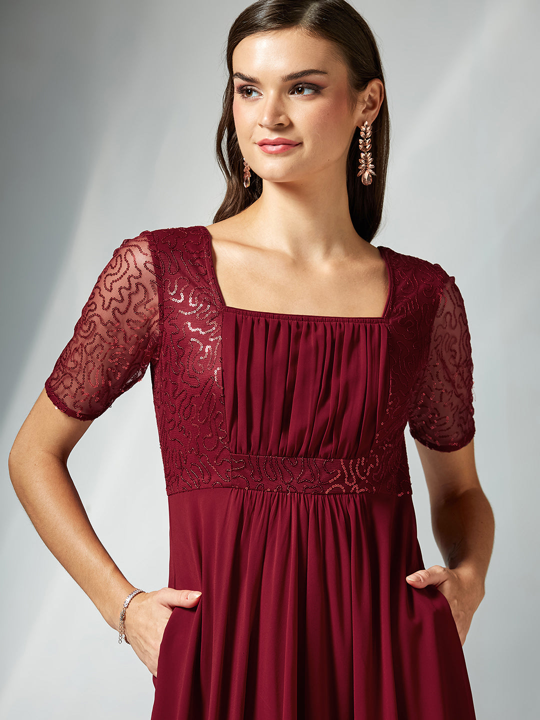 Maroon Square Neck Half Sleeve Solid Embellished Maxi Dress for Women