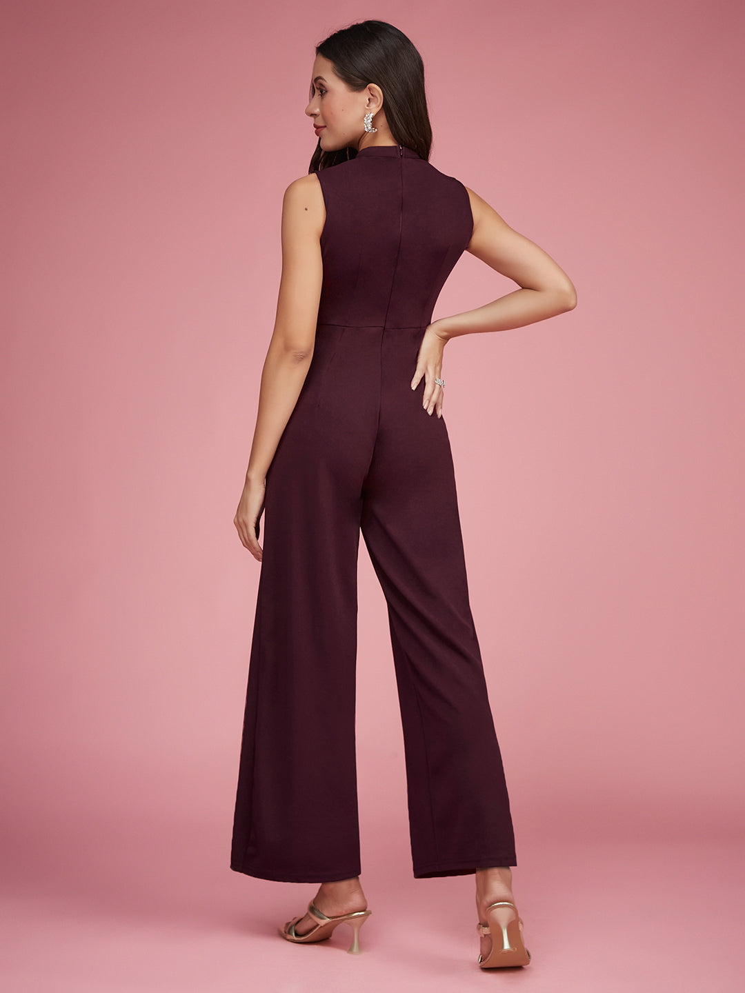 Women's Wine Collared Sleeveless Solid Asymmetric Neck Cut-Out Regular Length Jumpsuit